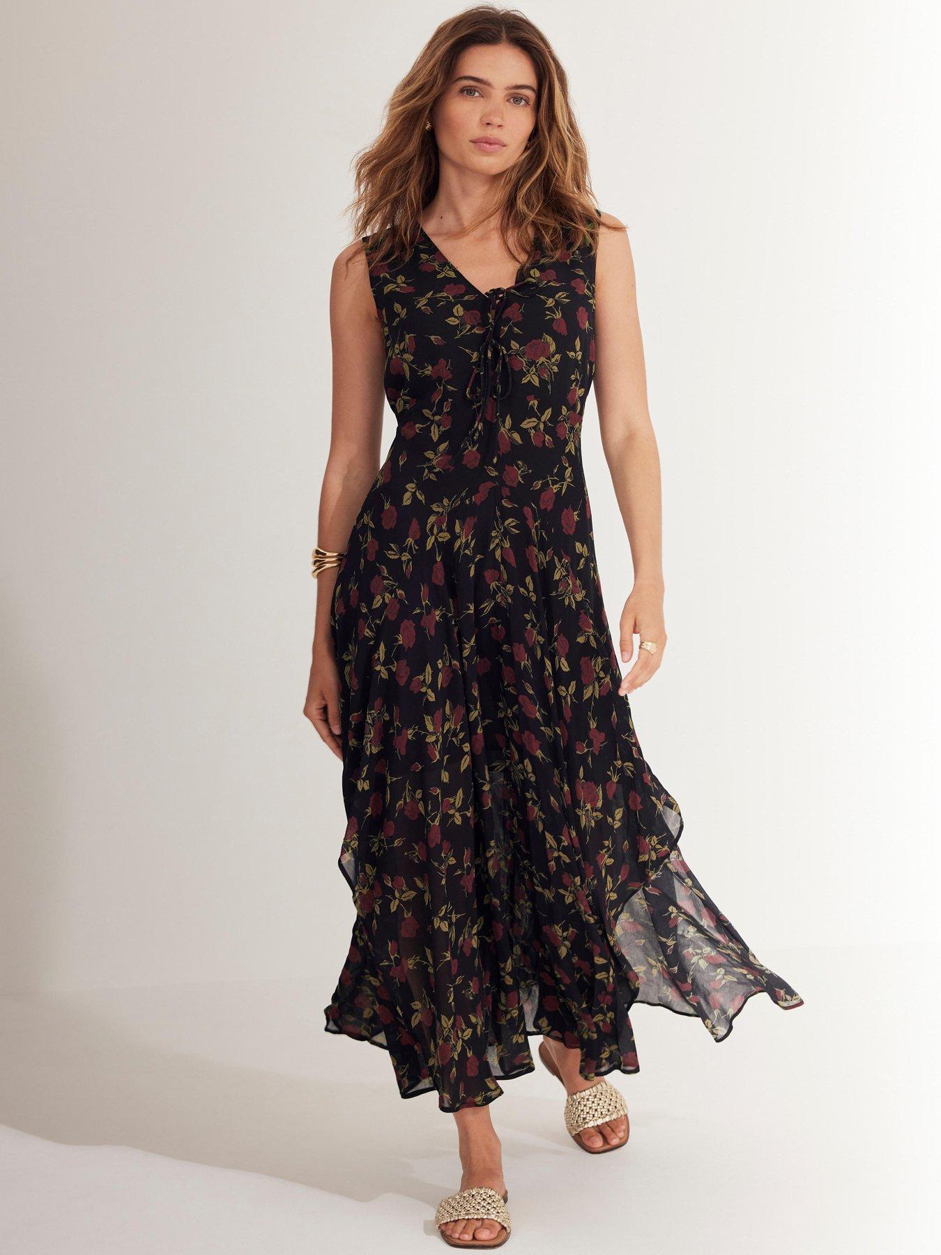undefined Rose Print Midi Dress - Red