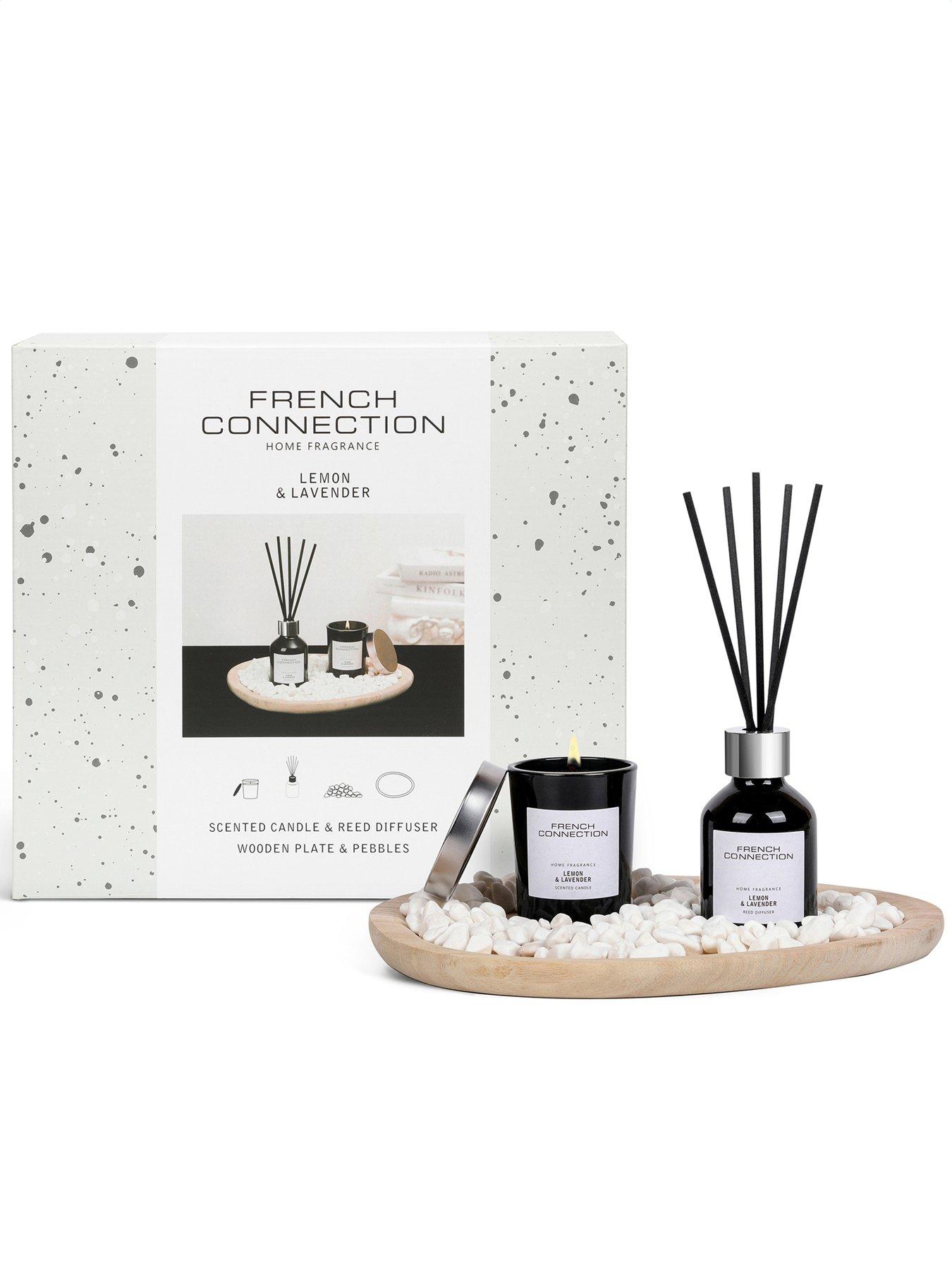 French Connection Lemon  &  Lavender Set - Contains Candle/diffuser/wooden Plate  &  Pebbles