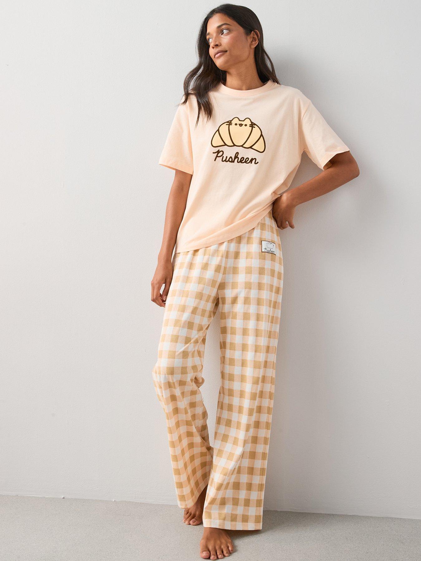 Image 1 of 7 of The Very Collection Pusheen Croissant Wide Leg Pyjama Set - Beige