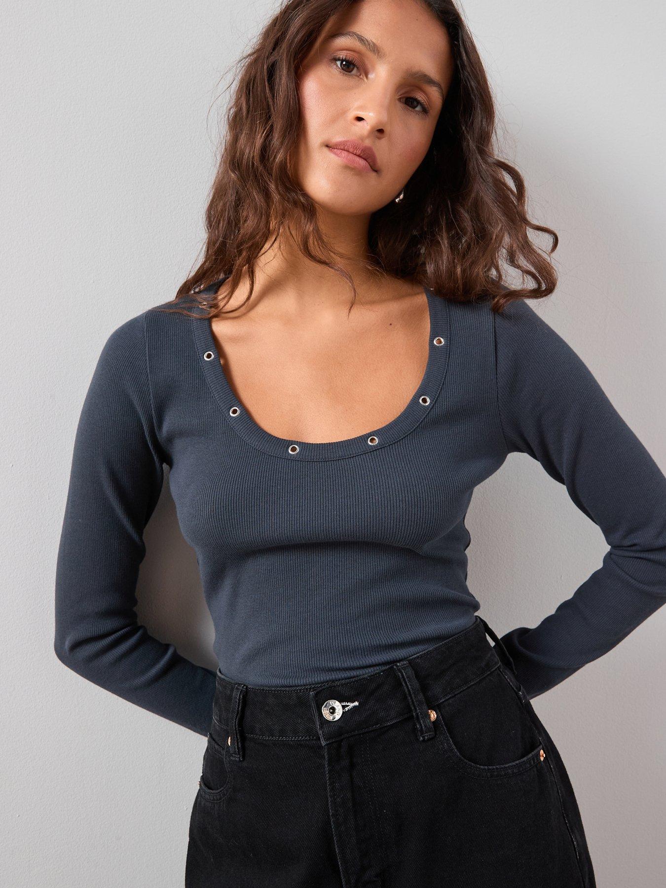 The Very Collection Eyelet Detail Rib Long Sleeve Top - Grey