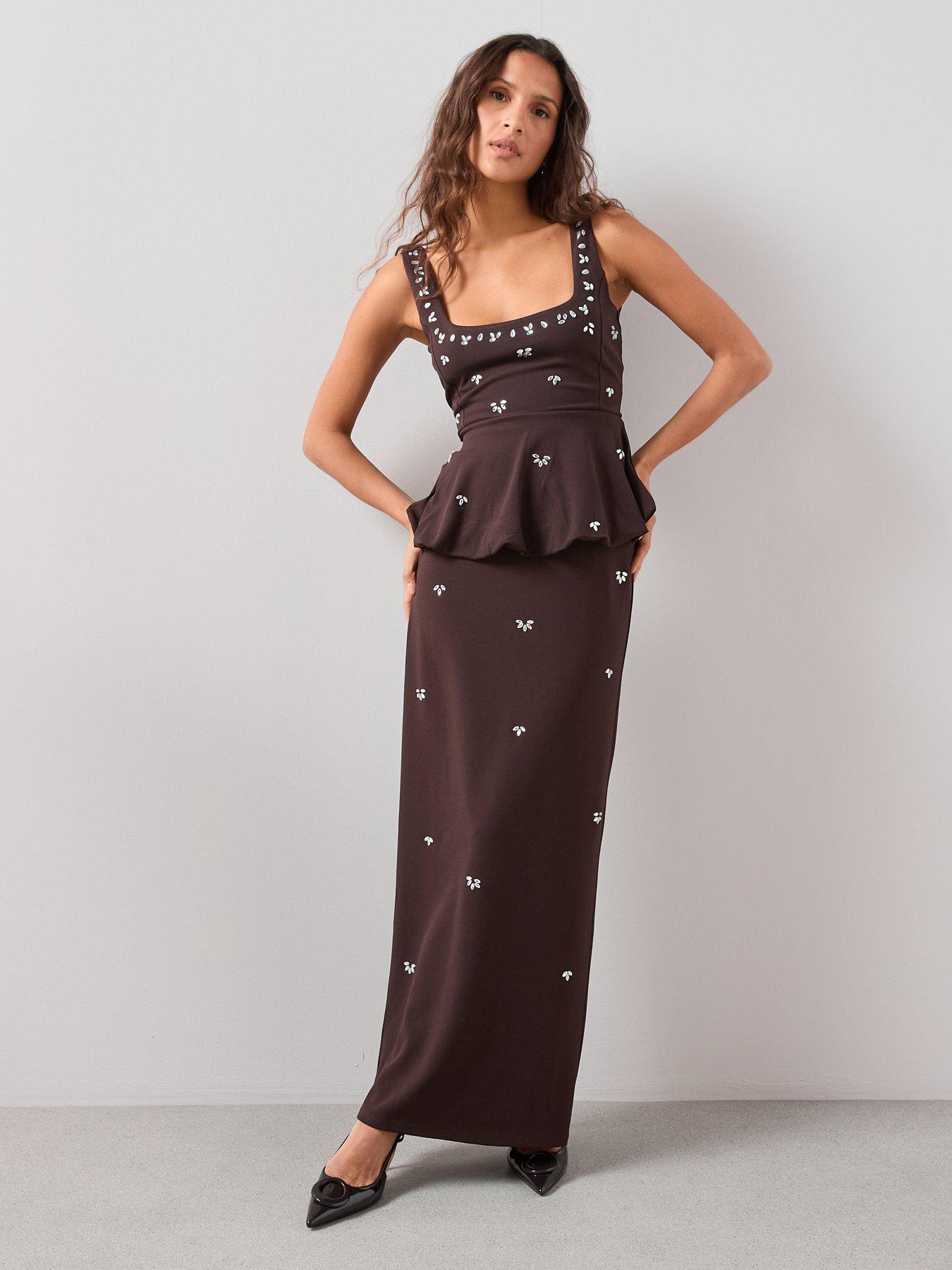 Image 3 of 6 of The Very Collection Embellished Bubble Hem Peplum Top Co-ord - Brown