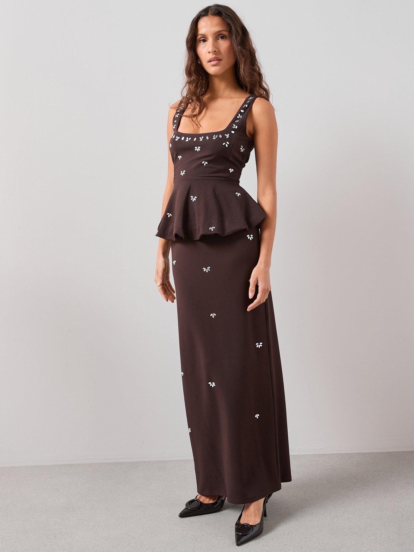 Image 5 of 6 of The Very Collection Embellished Bubble Hem Peplum Top Co-ord - Brown