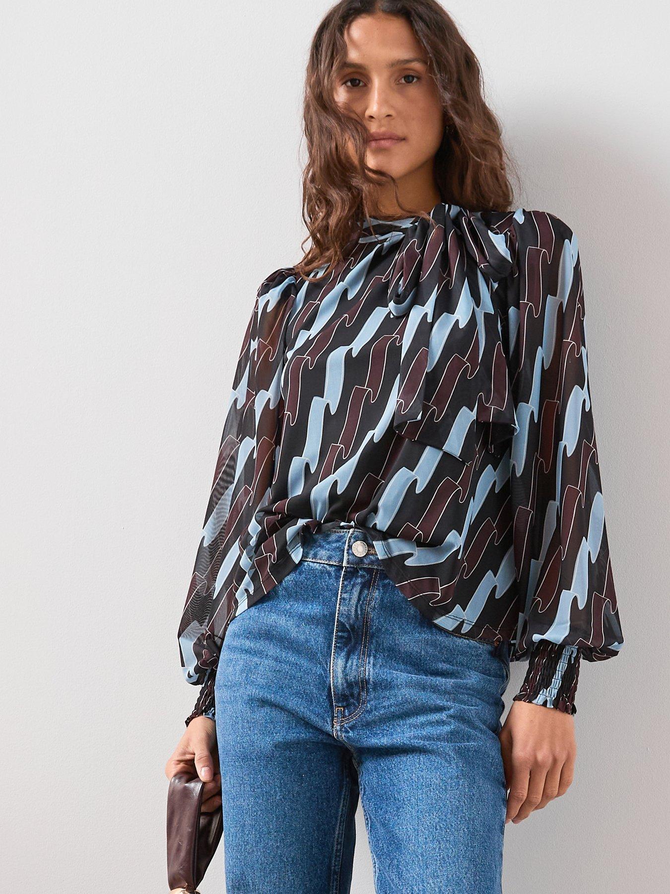 Image 1 of 7 of The Very Collection Pussybow Ribbon Print Top - Multi