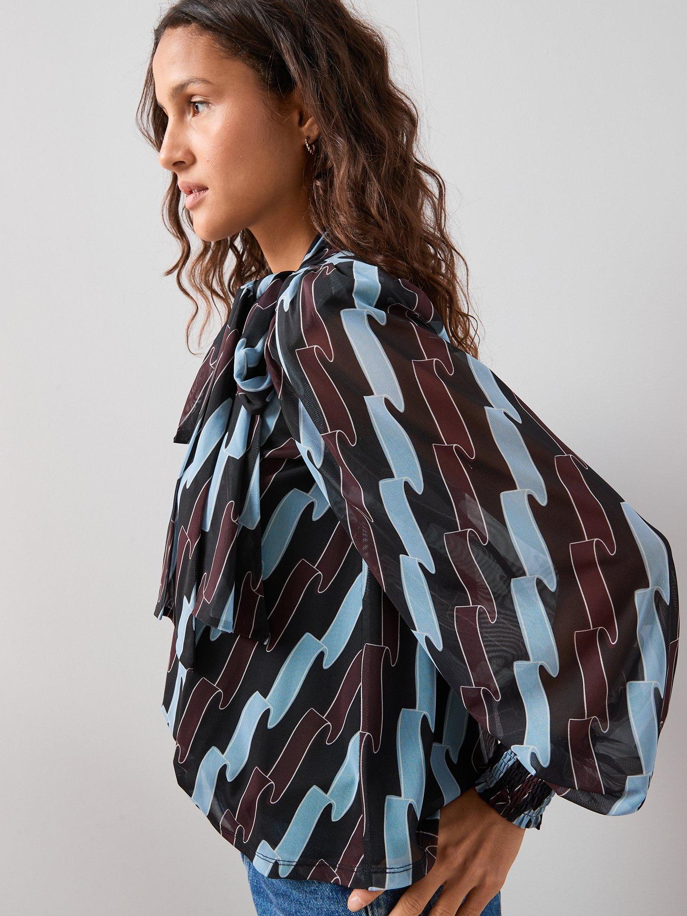 Image 4 of 7 of The Very Collection Pussybow Ribbon Print Top - Multi