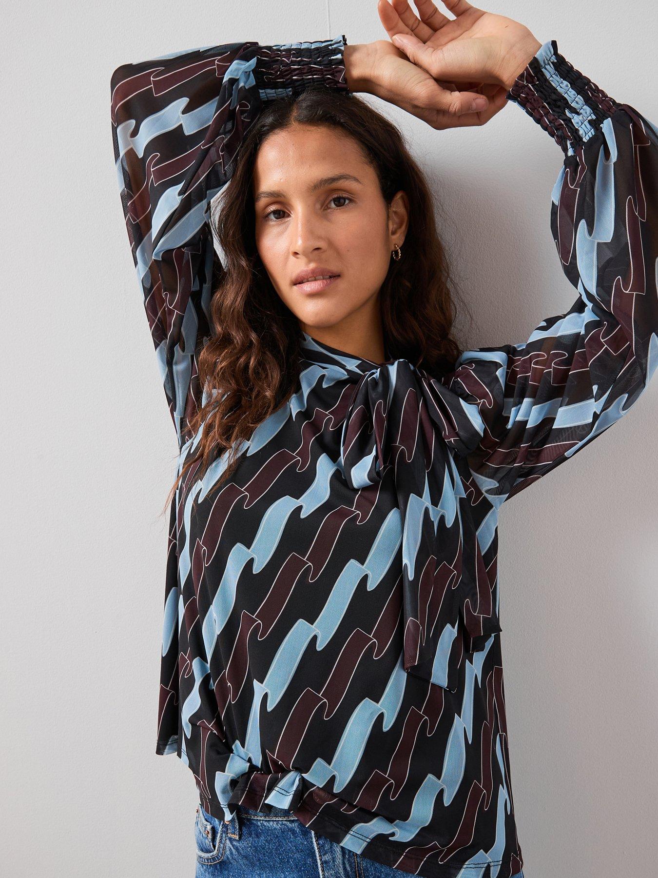 Image 6 of 7 of The Very Collection Pussybow Ribbon Print Top - Multi