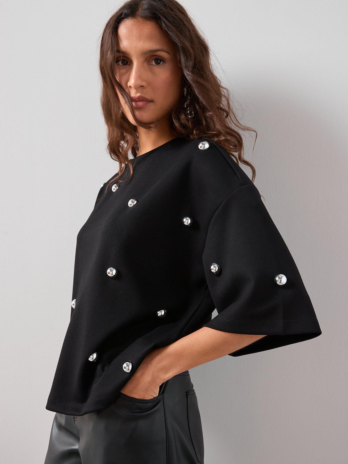 Image 4 of 7 of The Very Collection Silver Stud Embellished Oversized Heavyweight T-shirt - Black