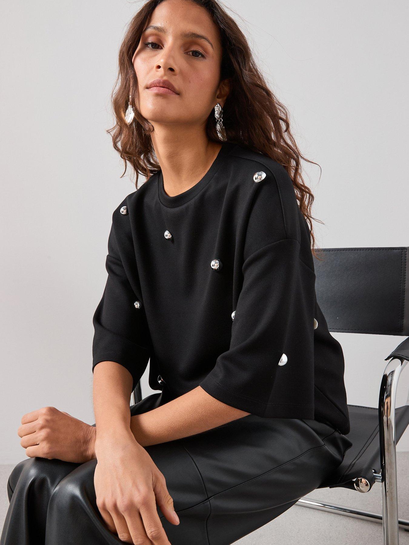 Image 5 of 7 of The Very Collection Silver Stud Embellished Oversized Heavyweight T-shirt - Black