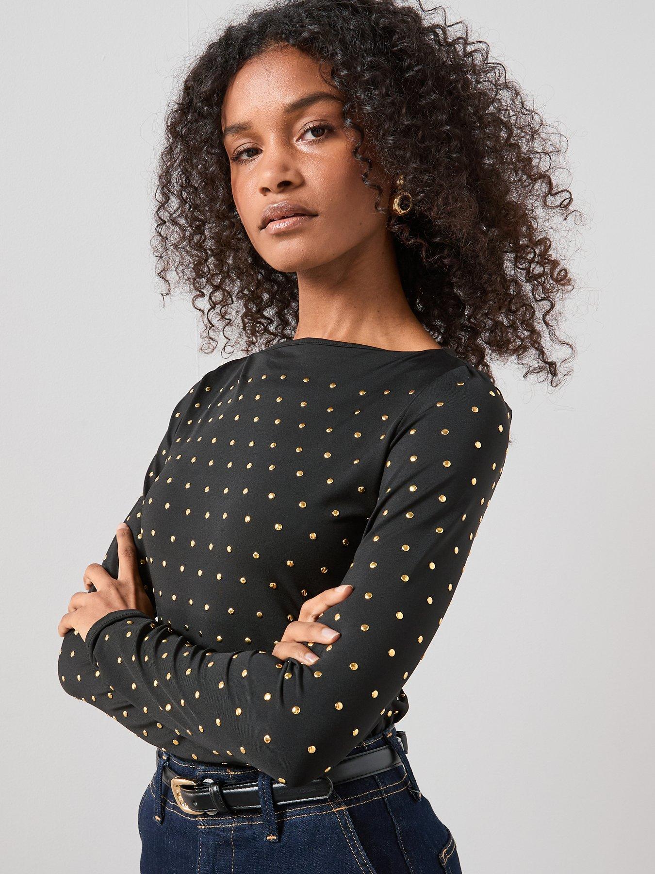 The Very Collection Stud Embellished Slash Neck Top - Black