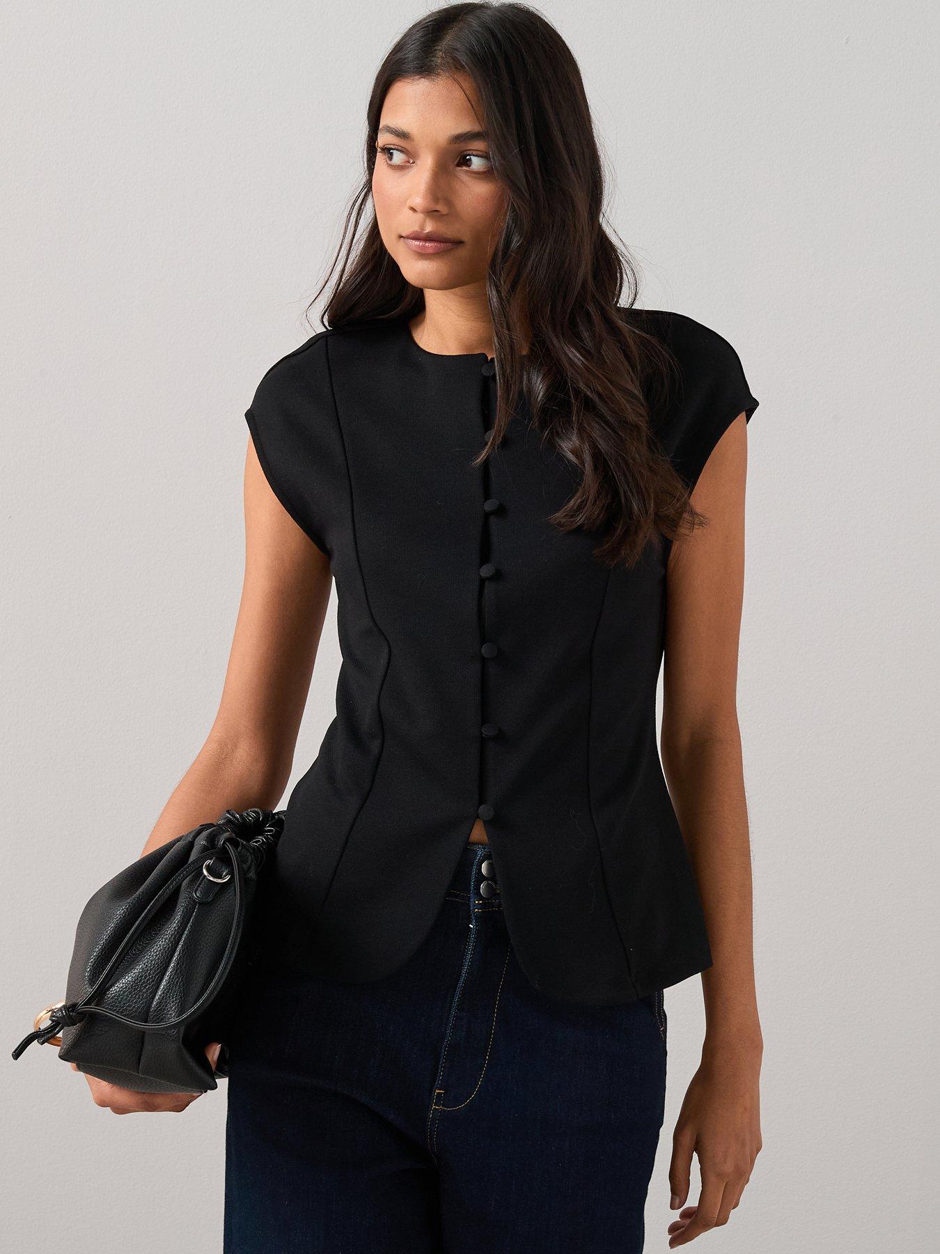 Image 1 of 6 of The Very Collection Button Through Short Sleeve Top - Black