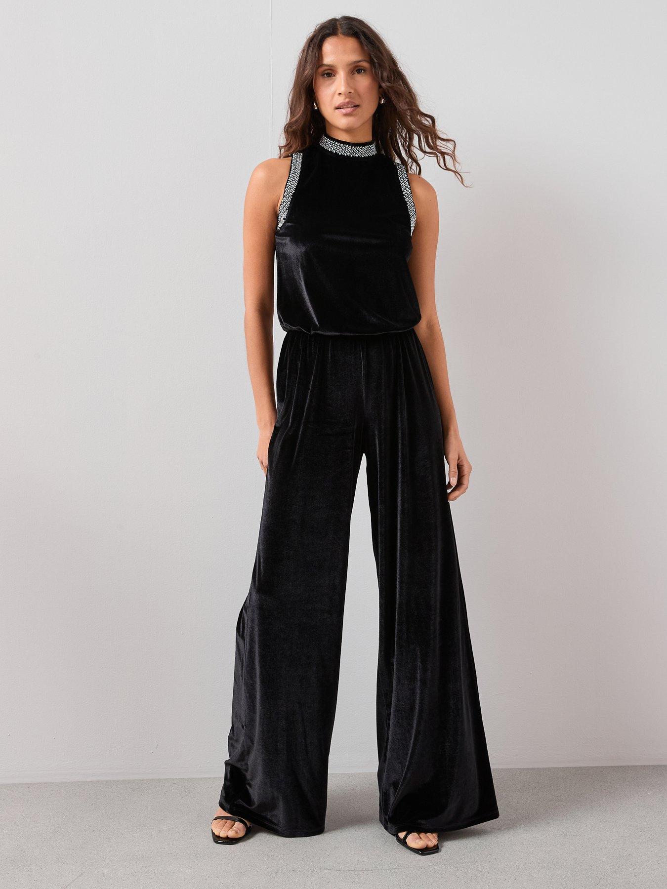 Image 1 of 6 of The Very Collection Velvet Pearl Detail Jumpsuit - Black