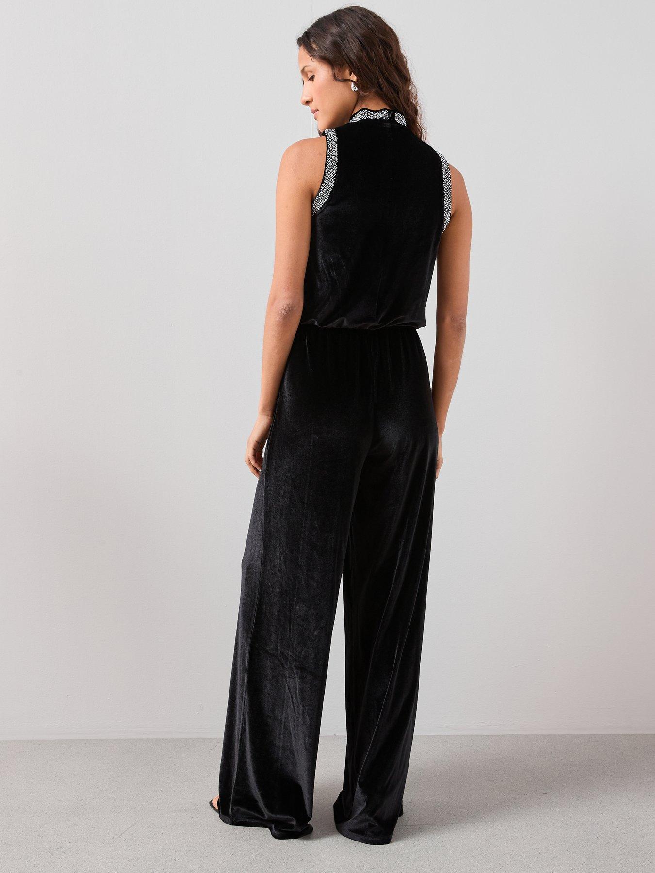 Image 2 of 6 of The Very Collection Velvet Pearl Detail Jumpsuit - Black