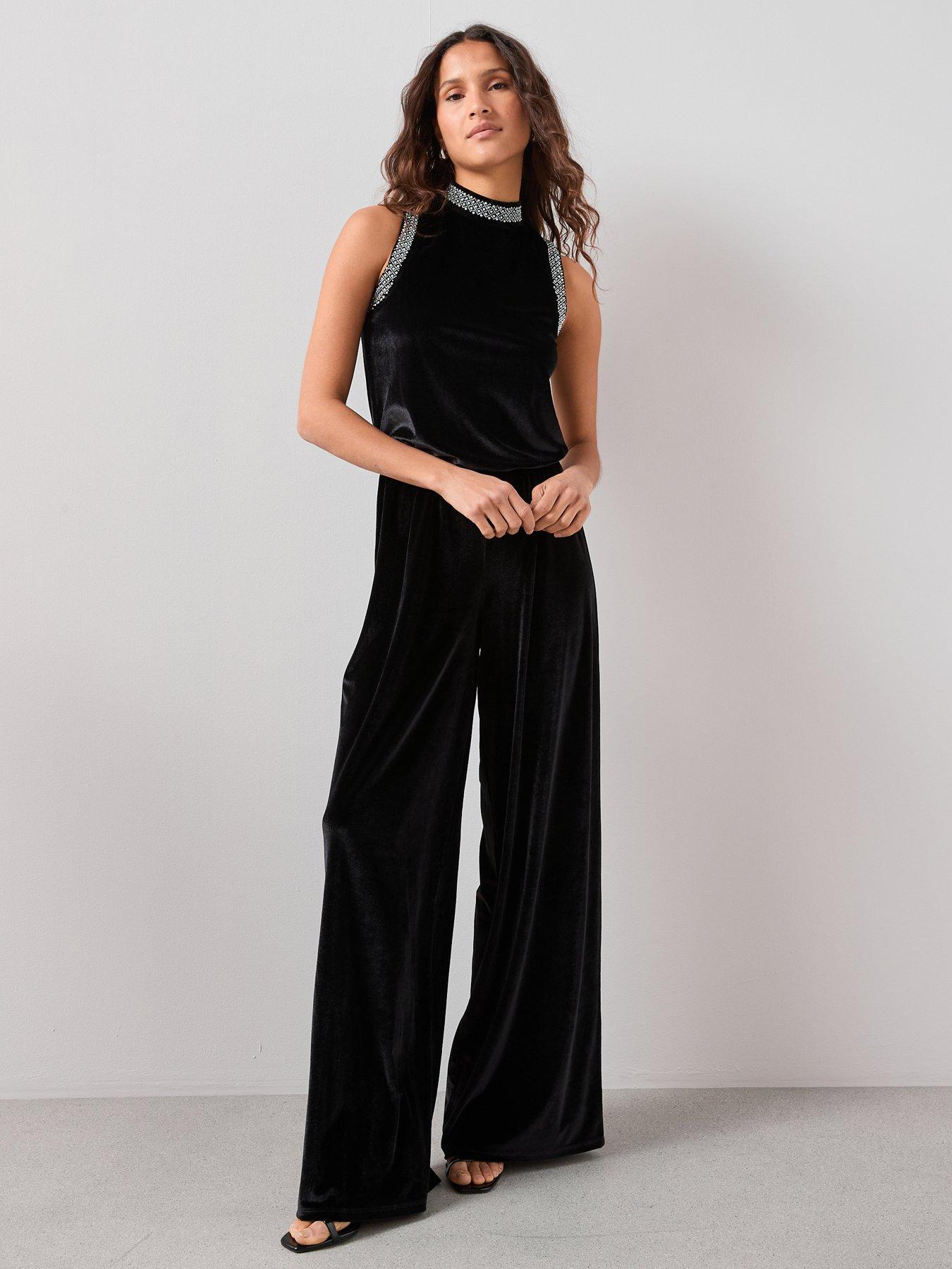 Image 3 of 6 of The Very Collection Velvet Pearl Detail Jumpsuit - Black