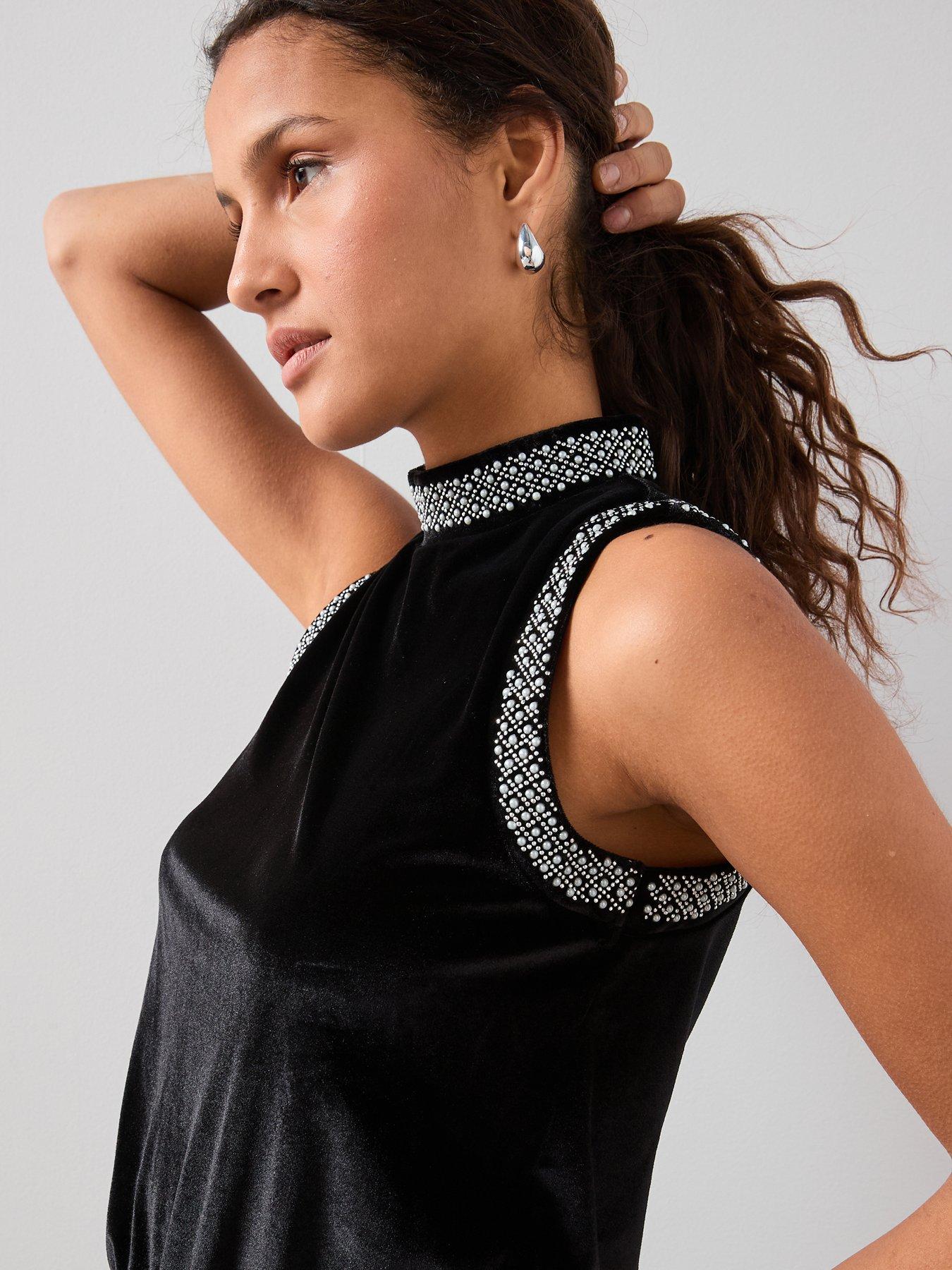 Image 4 of 6 of The Very Collection Velvet Pearl Detail Jumpsuit - Black