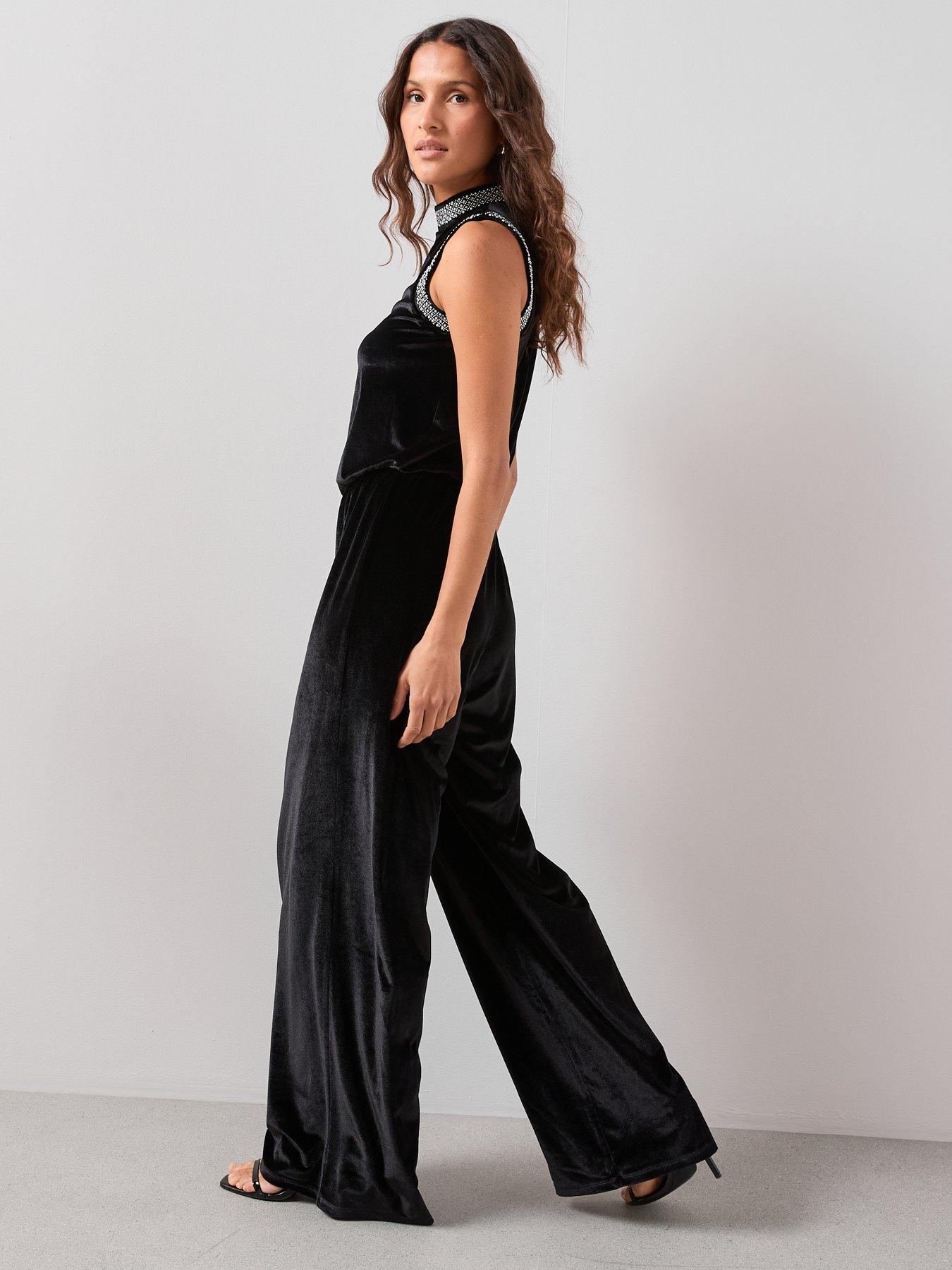 Image 5 of 6 of The Very Collection Velvet Pearl Detail Jumpsuit - Black