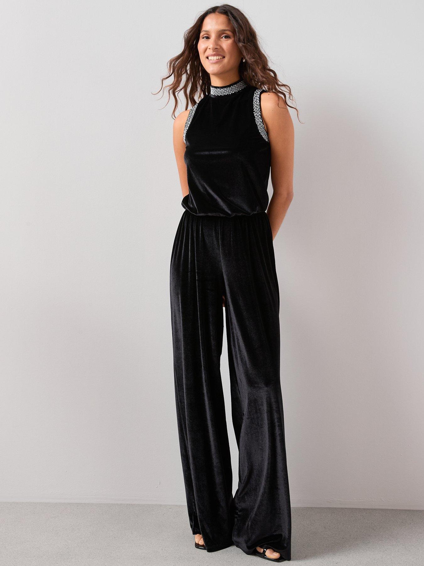 Image 6 of 6 of The Very Collection Velvet Pearl Detail Jumpsuit - Black