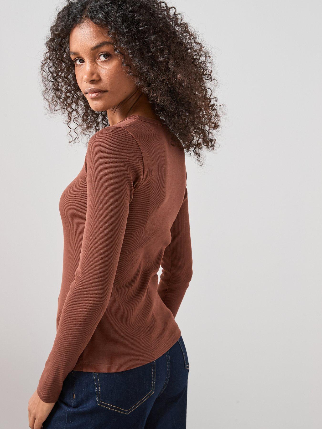 The Very Collection Button Up Rib Long Sleeve Top - Brown | Very