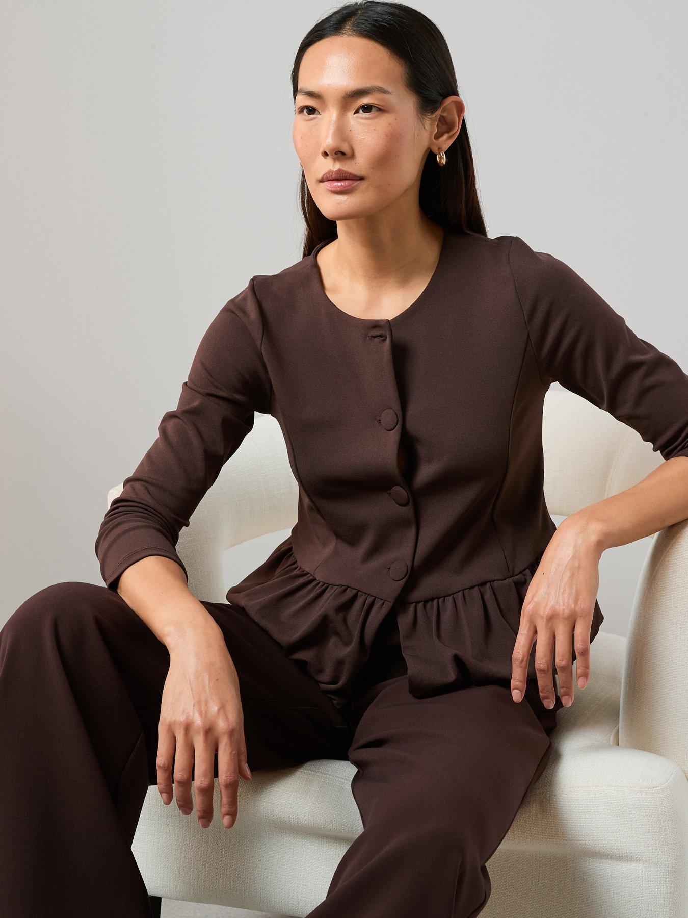 Image 1 of 7 of The Very Collection Peplum Button Up Top - Brown