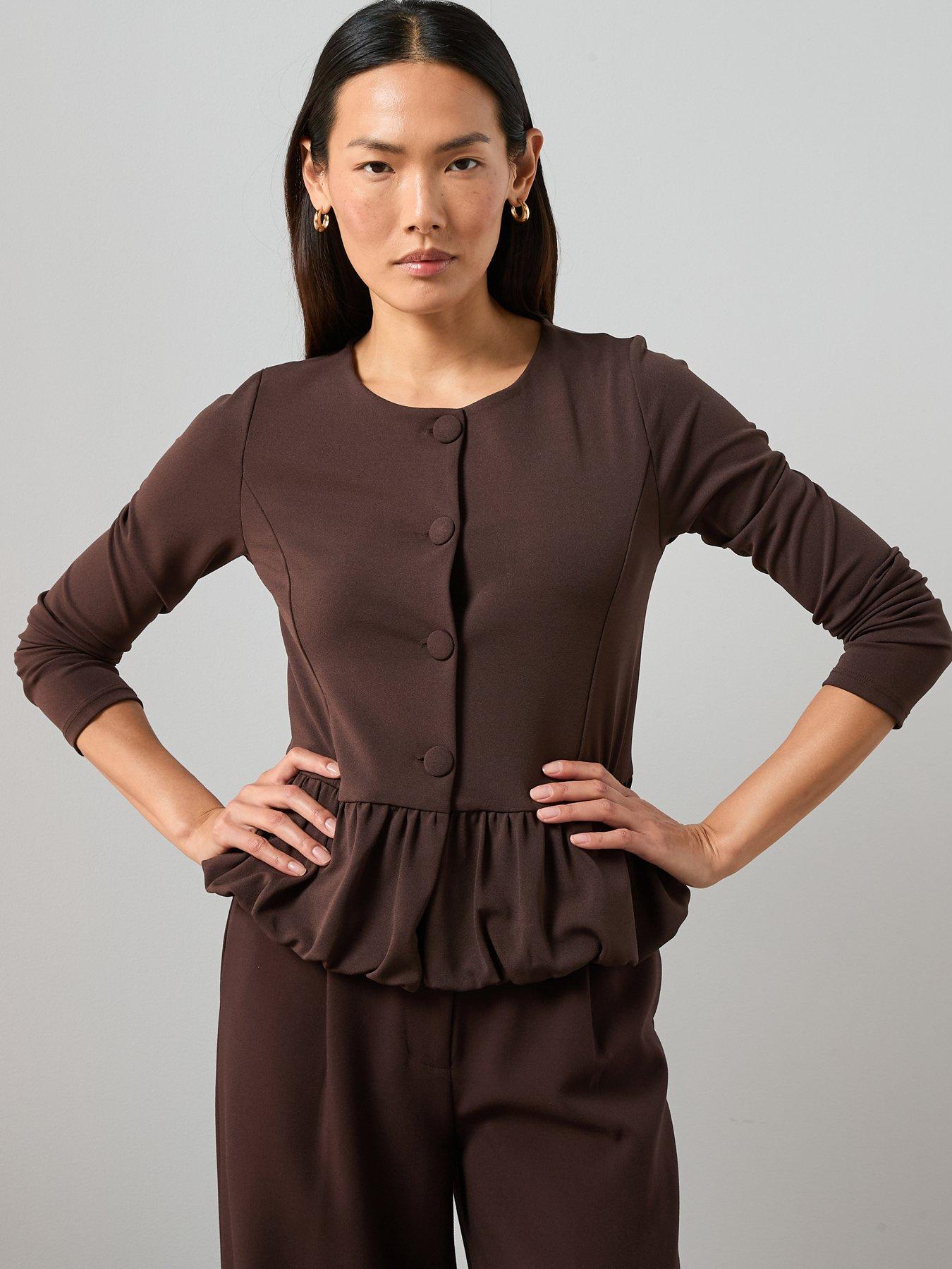 Image 4 of 7 of The Very Collection Peplum Button Up Top - Brown