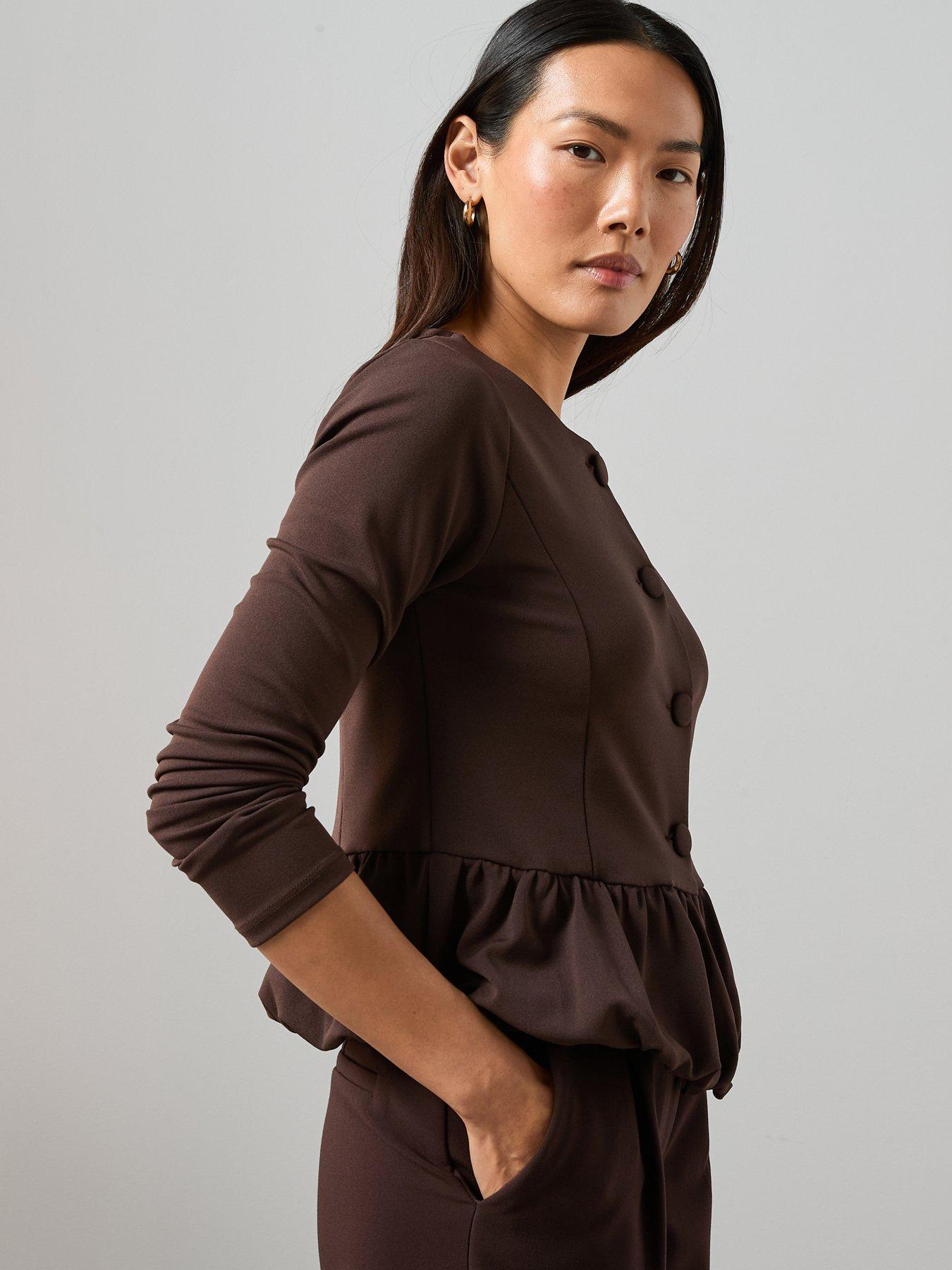 Image 6 of 7 of The Very Collection Peplum Button Up Top - Brown