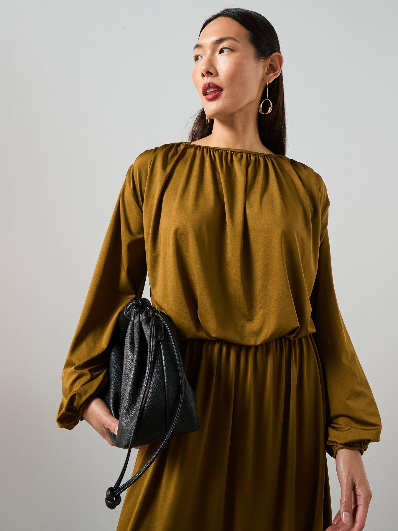 Image 1 of 7 of The Very Collection Ruched Volume Sleeve Bubble Hem Top Co-ord - Green
