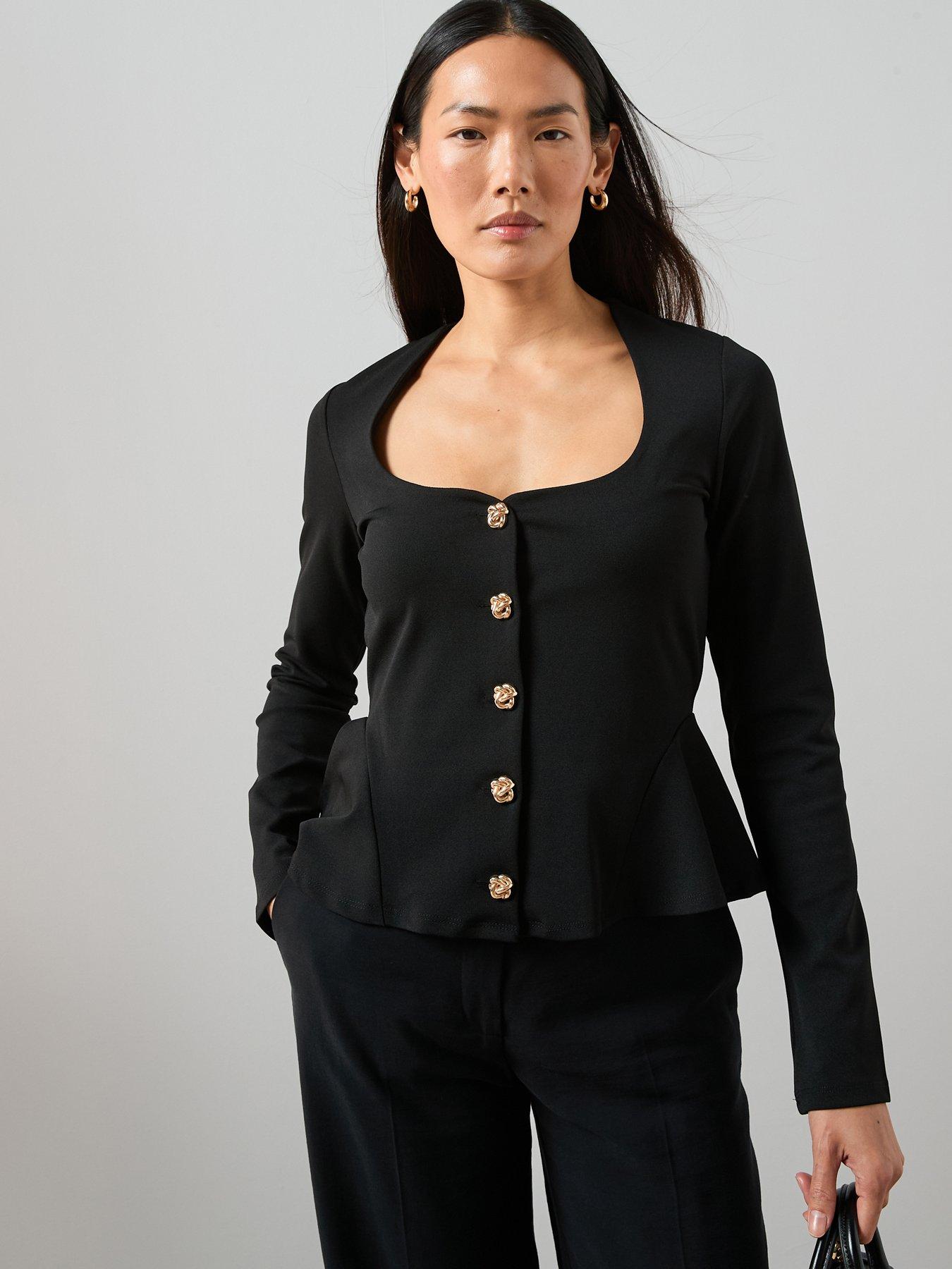 The Very Collection Square Neck Button Up Top - Black