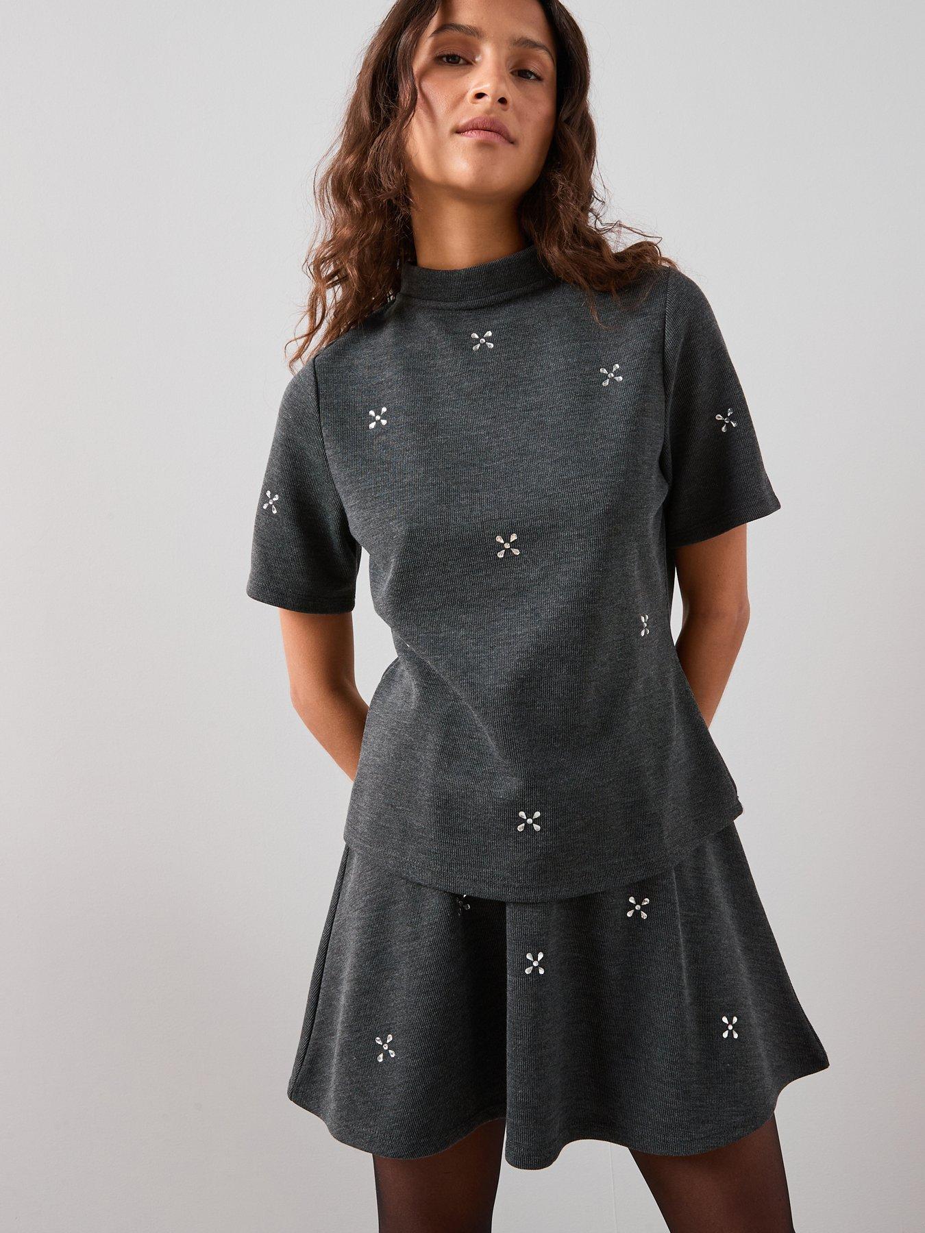 Image 1 of 7 of The Very Collection Embellished Mini Skirt Co-Ord - Grey