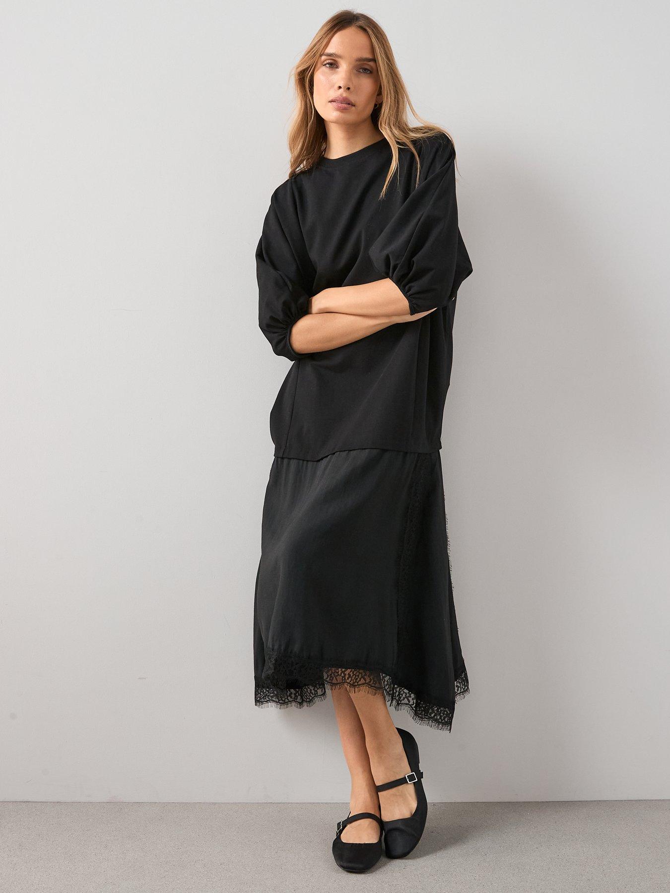 The Very Collection Woven Mix Lace Trim Asymetric Dress - Grey