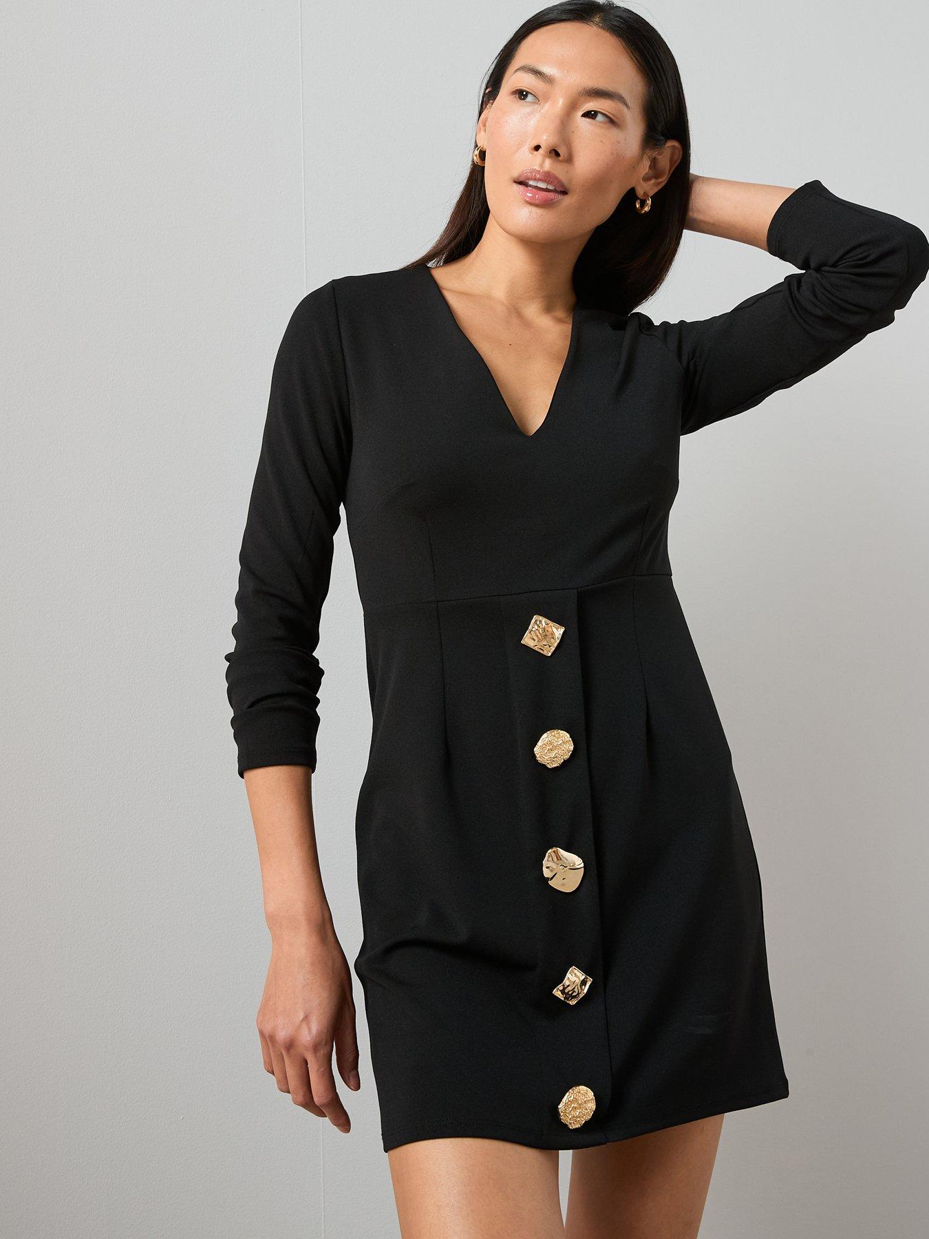 The Very Collection V Neck Button Detail Mini Dress - Black | Very
