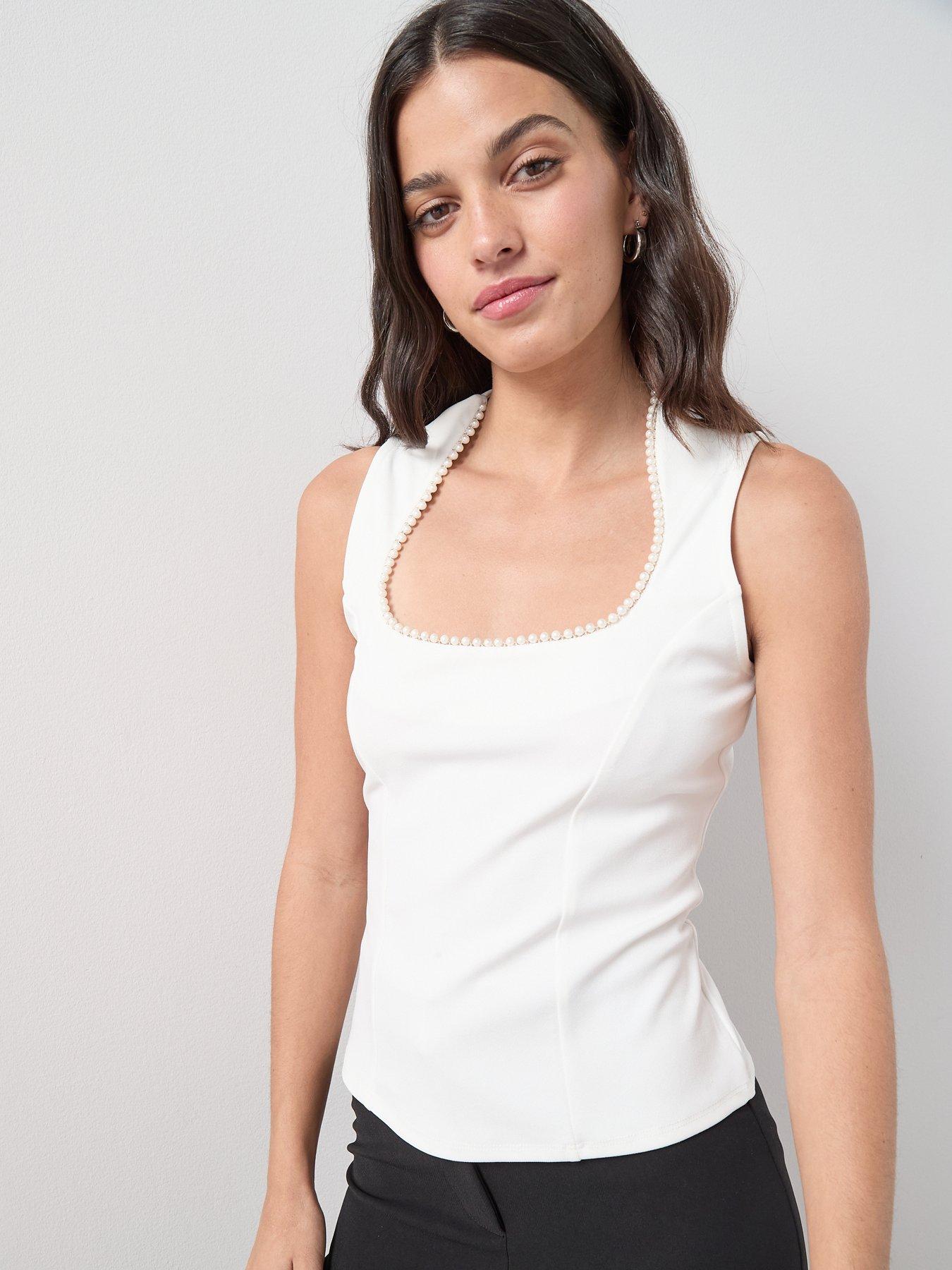 Image 4 of 7 of The Very Collection Pearl Detail Corset Top - Cream