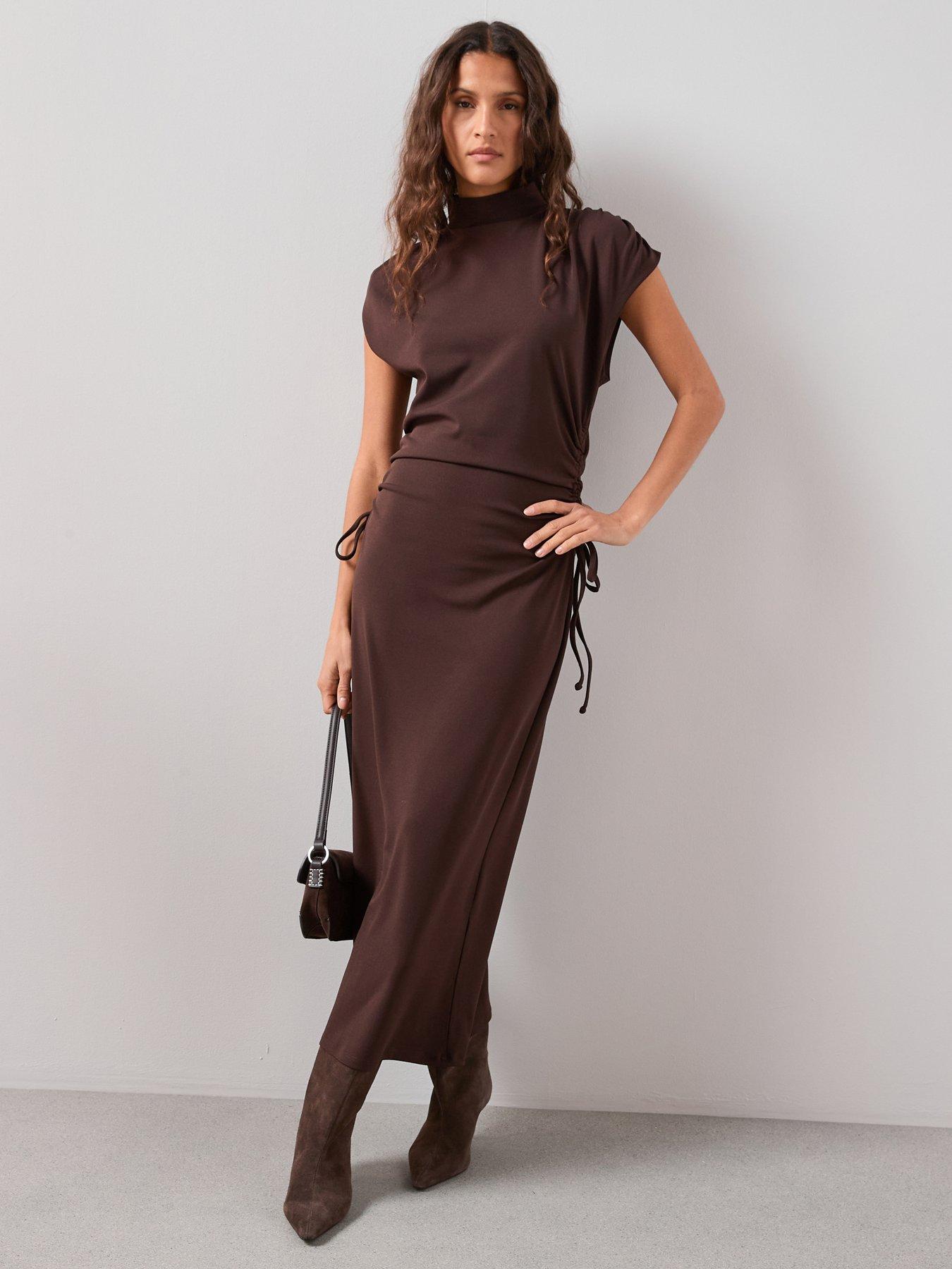 The Very Collection High Neck Ruched Waist Maxi Dress - Brown | Very