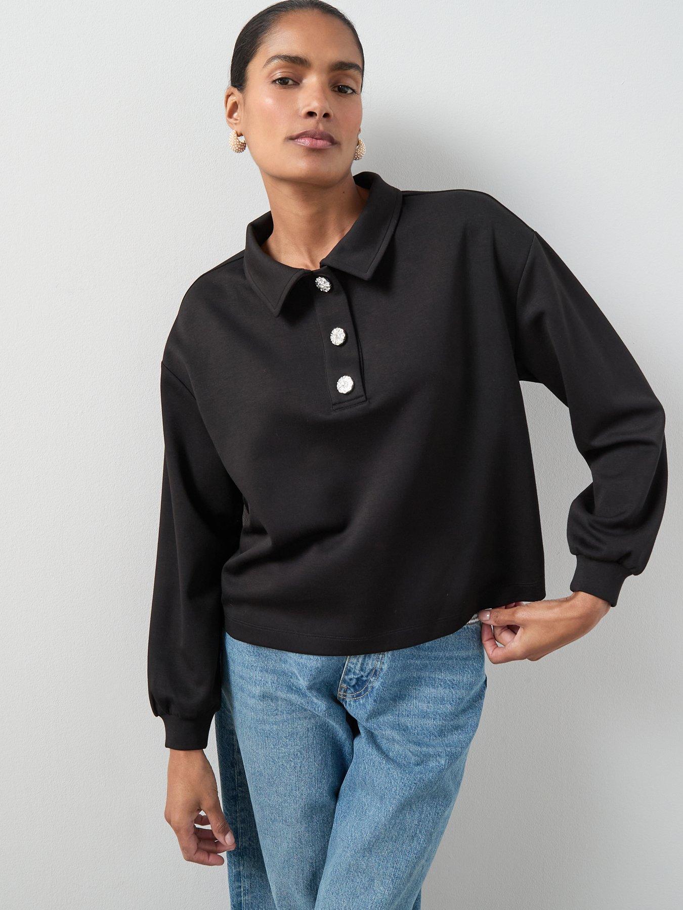 The Very Collection Diamante Button Collar Detail Sweatshirt - Black