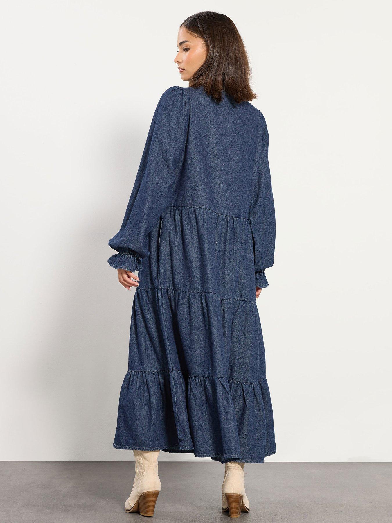 PixieGirl Petite Tie Neck Tiered Denim Dress - Blue | Very