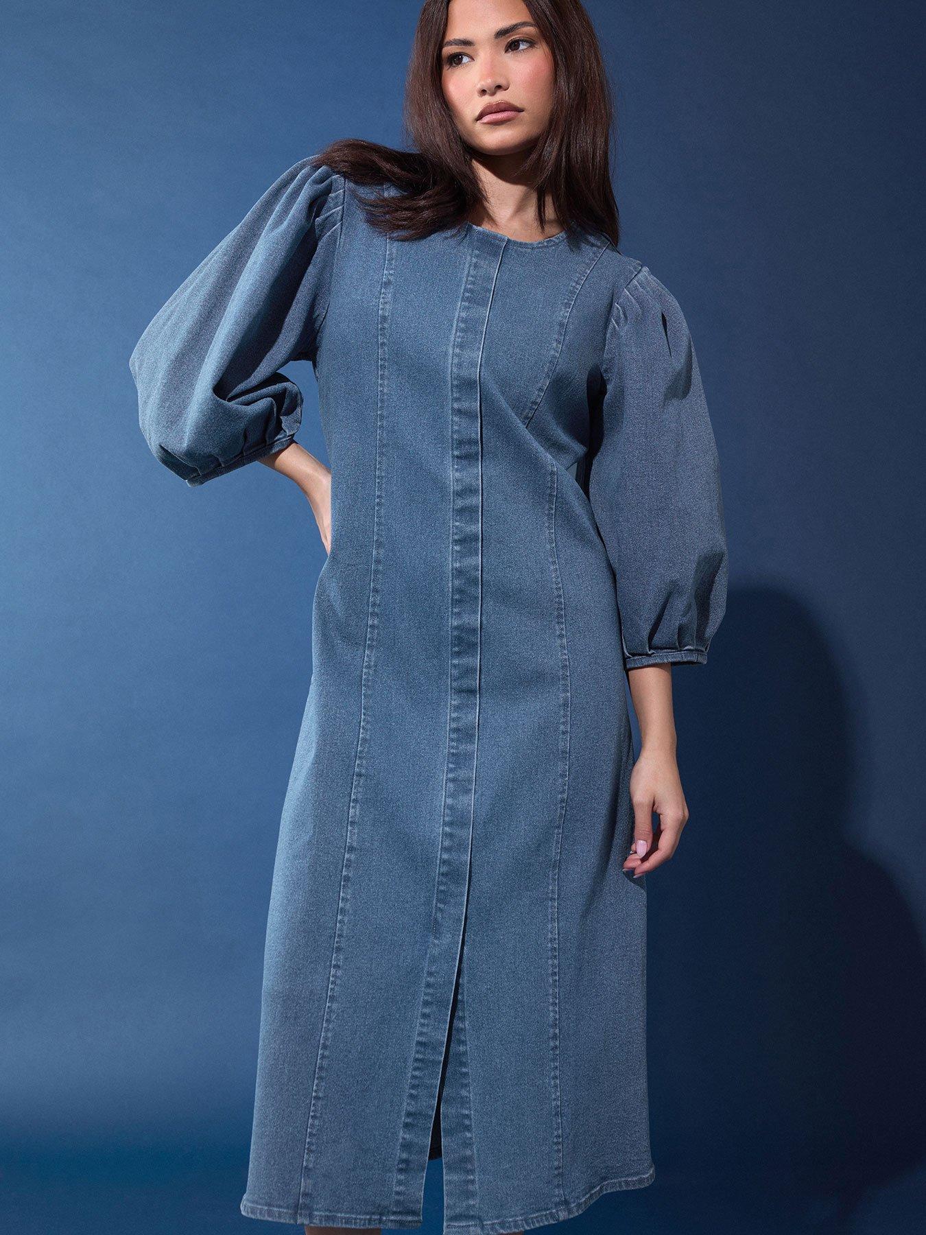 PixieGirl Petit Puff Sleeve Seam Front Midi Dress
