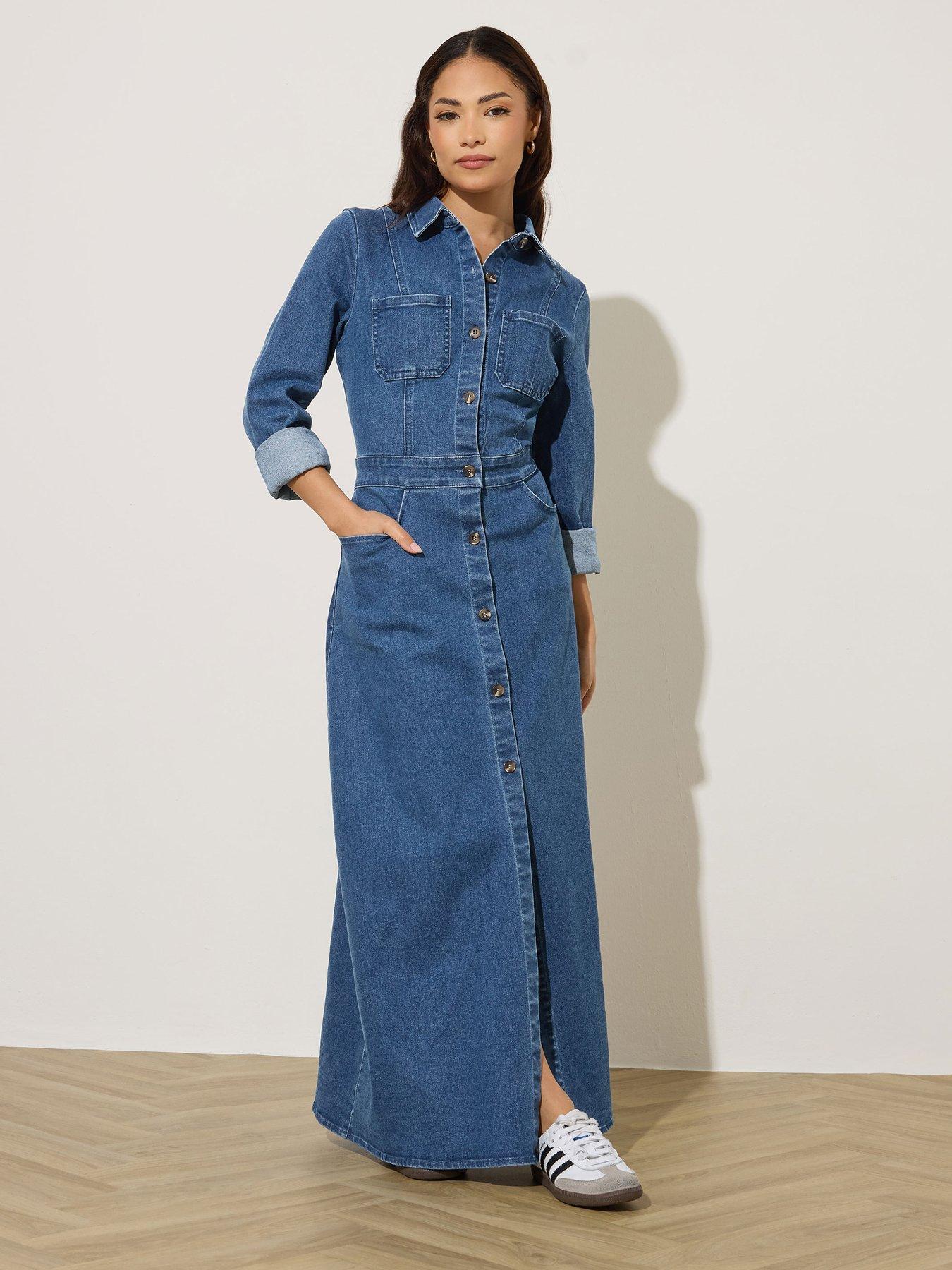 PixieGirl Petite Stretch Denim Maxi Shirt Dress - Blue