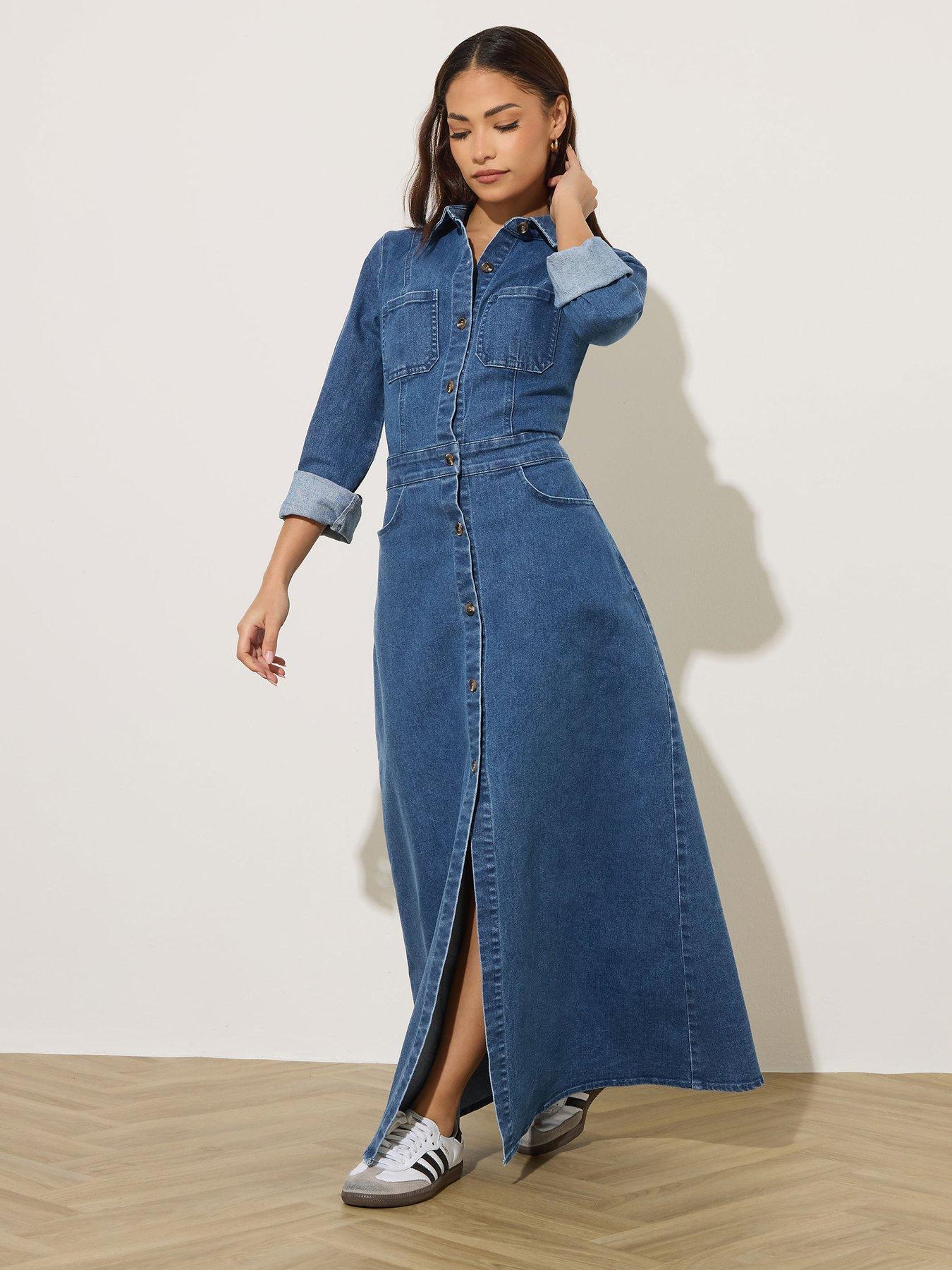 PixieGirl Petite Stretch Denim Maxi Shirt Dress - Blue | Very