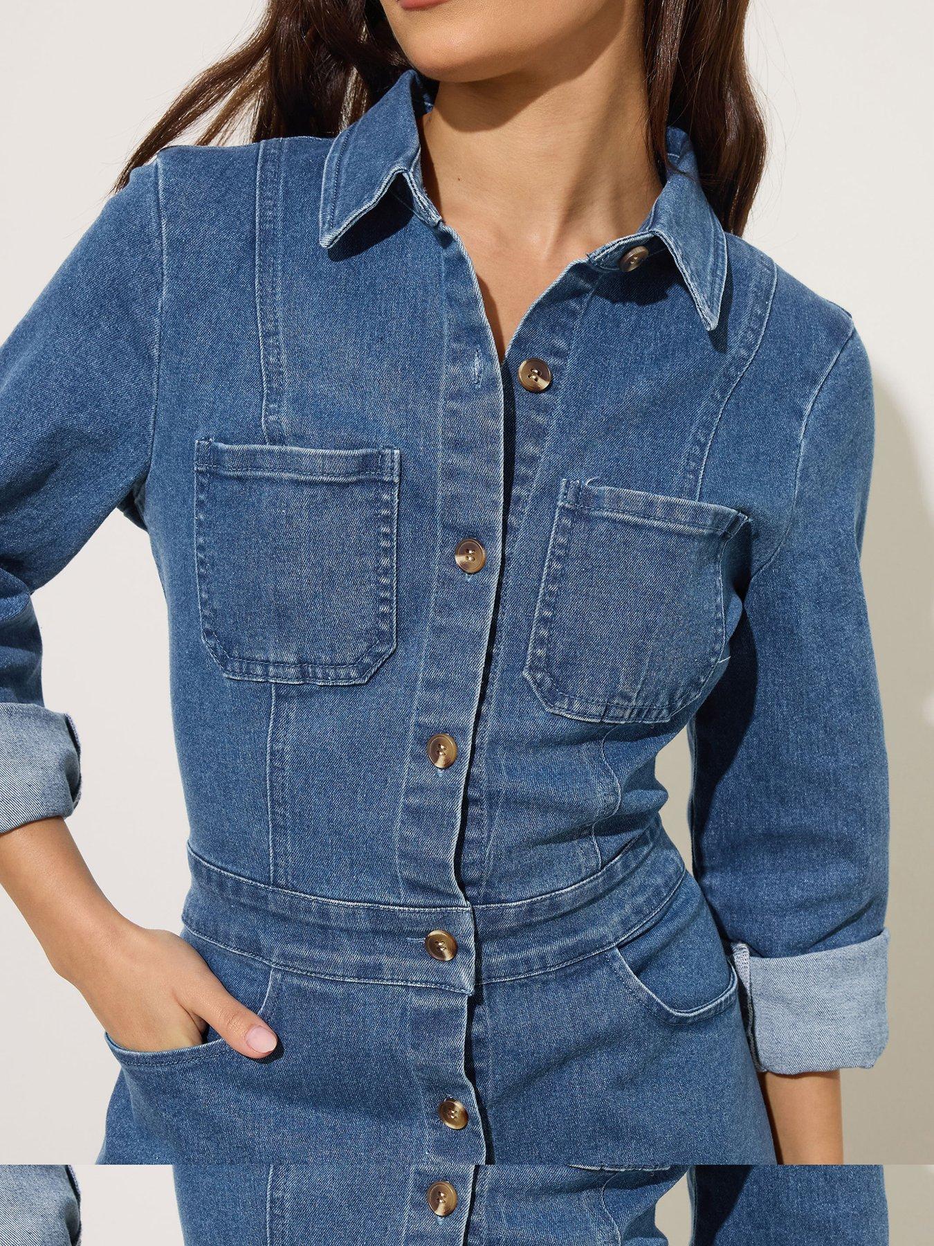 PixieGirl Petite Stretch Denim Maxi Shirt Dress - Blue | Very