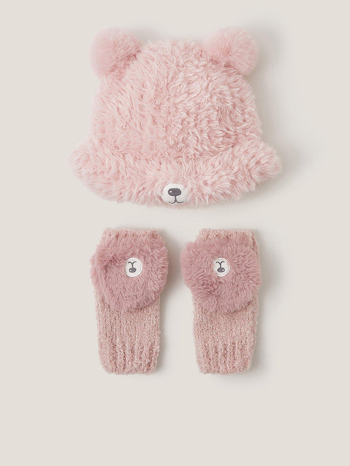 Monsoon Girls Fluffy Teddy Hat And Mitten Set - Pink