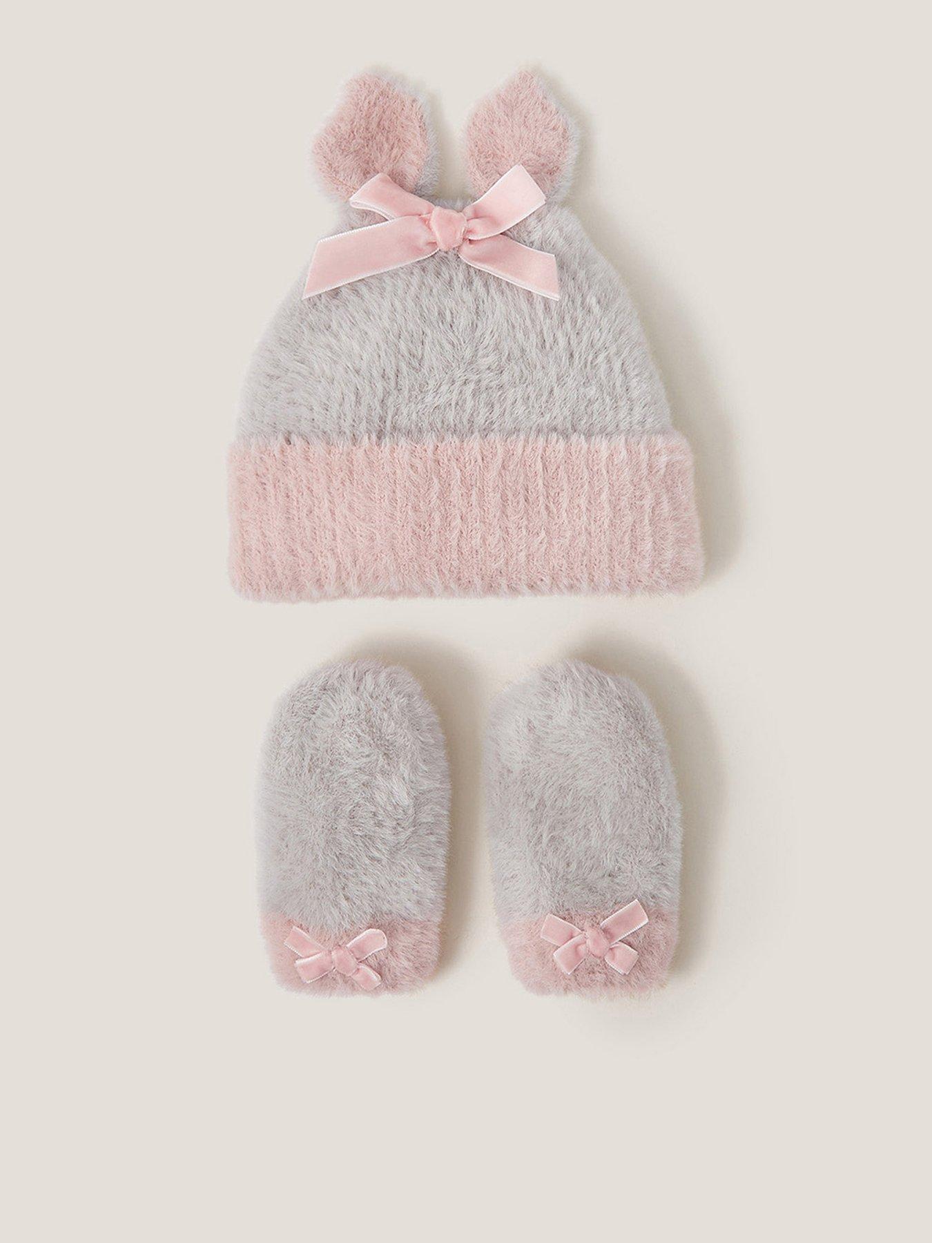 Monsoon Baby Girls Bunny Hat And Mittens - Grey