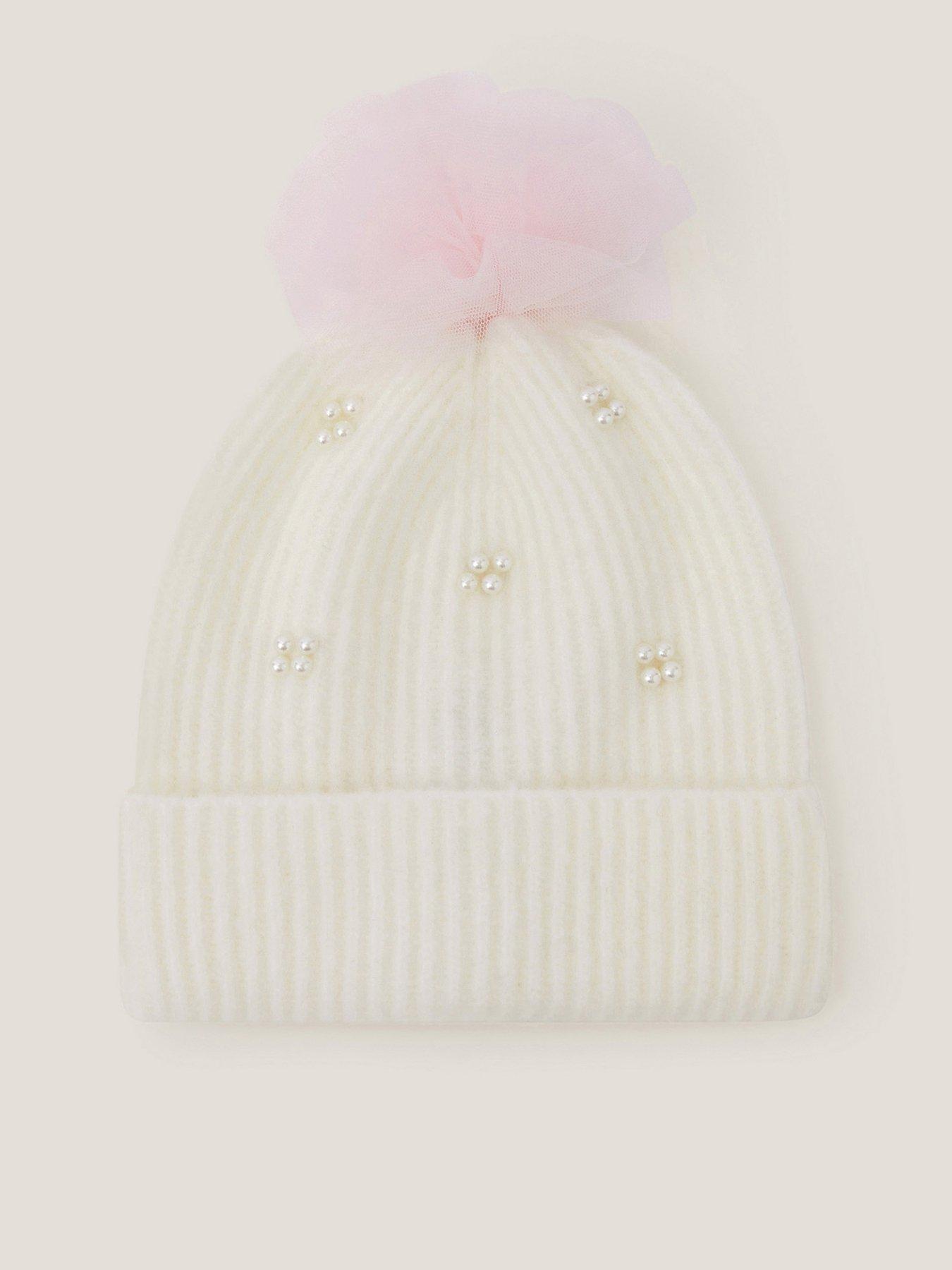 Image 1 of 3 of Monsoon Girls Pearl Tulle Pom Hat - Light Cream
