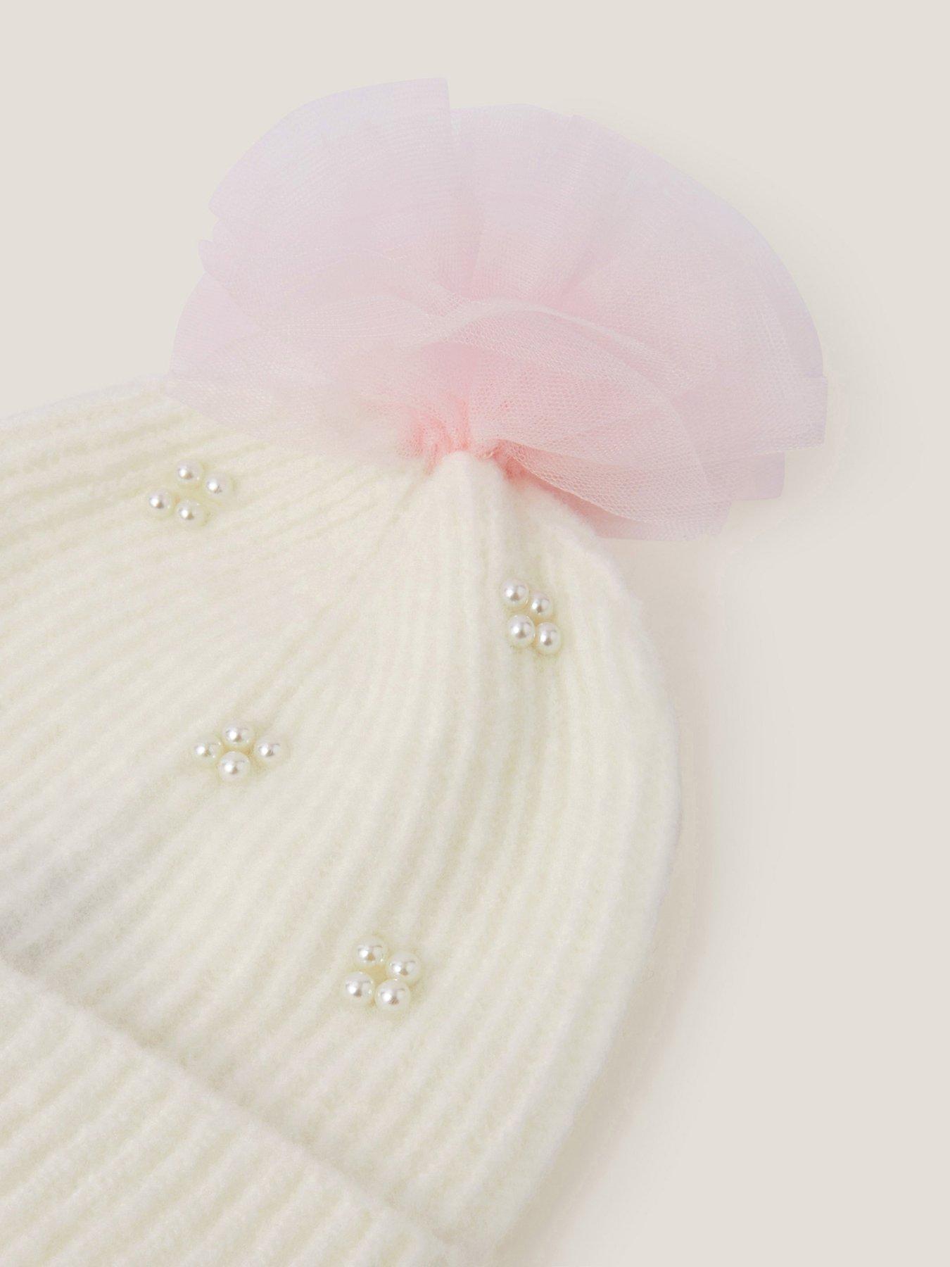 Image 3 of 3 of Monsoon Girls Pearl Tulle Pom Hat - Light Cream