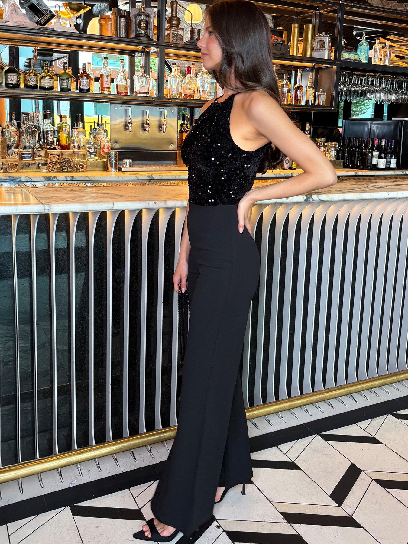 Image 2 of 4 of AX Paris Velvet Sequin 2 In 1 Racer Neck Jumpsuit - Black