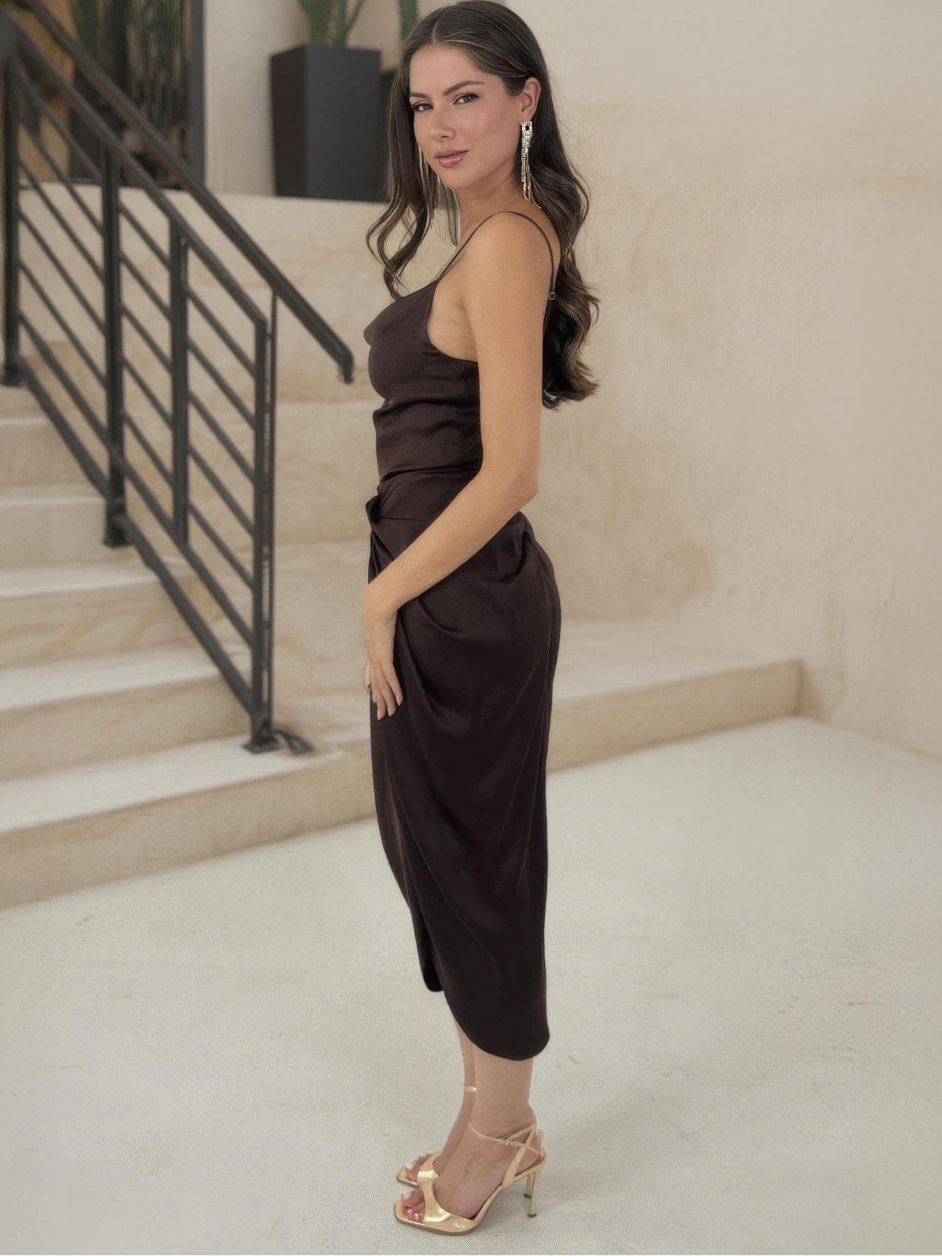 AX Paris Satin Strappy Cowl Neck Gathered Skirt Midi Dress - Brown | Very