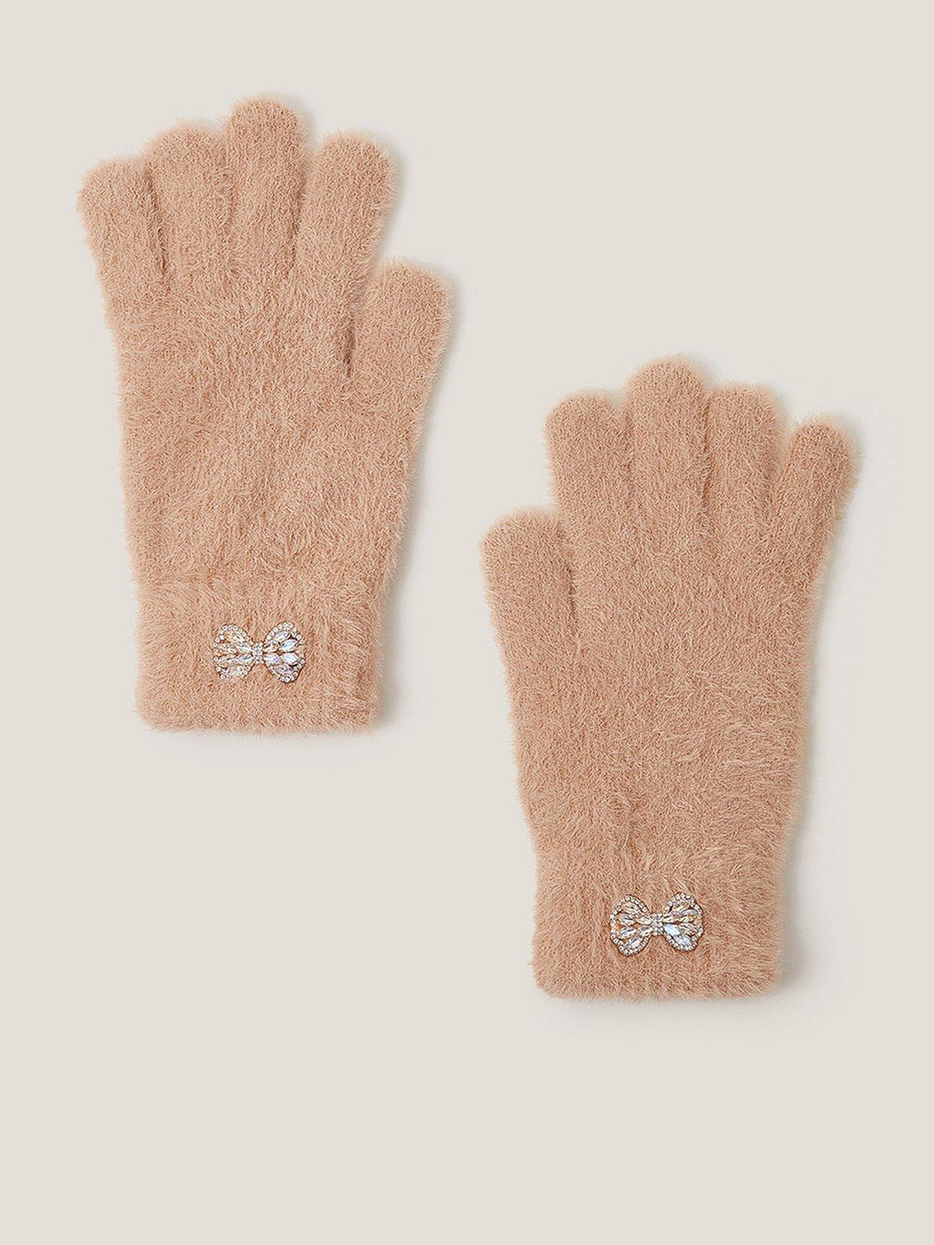 Monsoon Girls Fluffy Jewel Bow Gloves - Brown