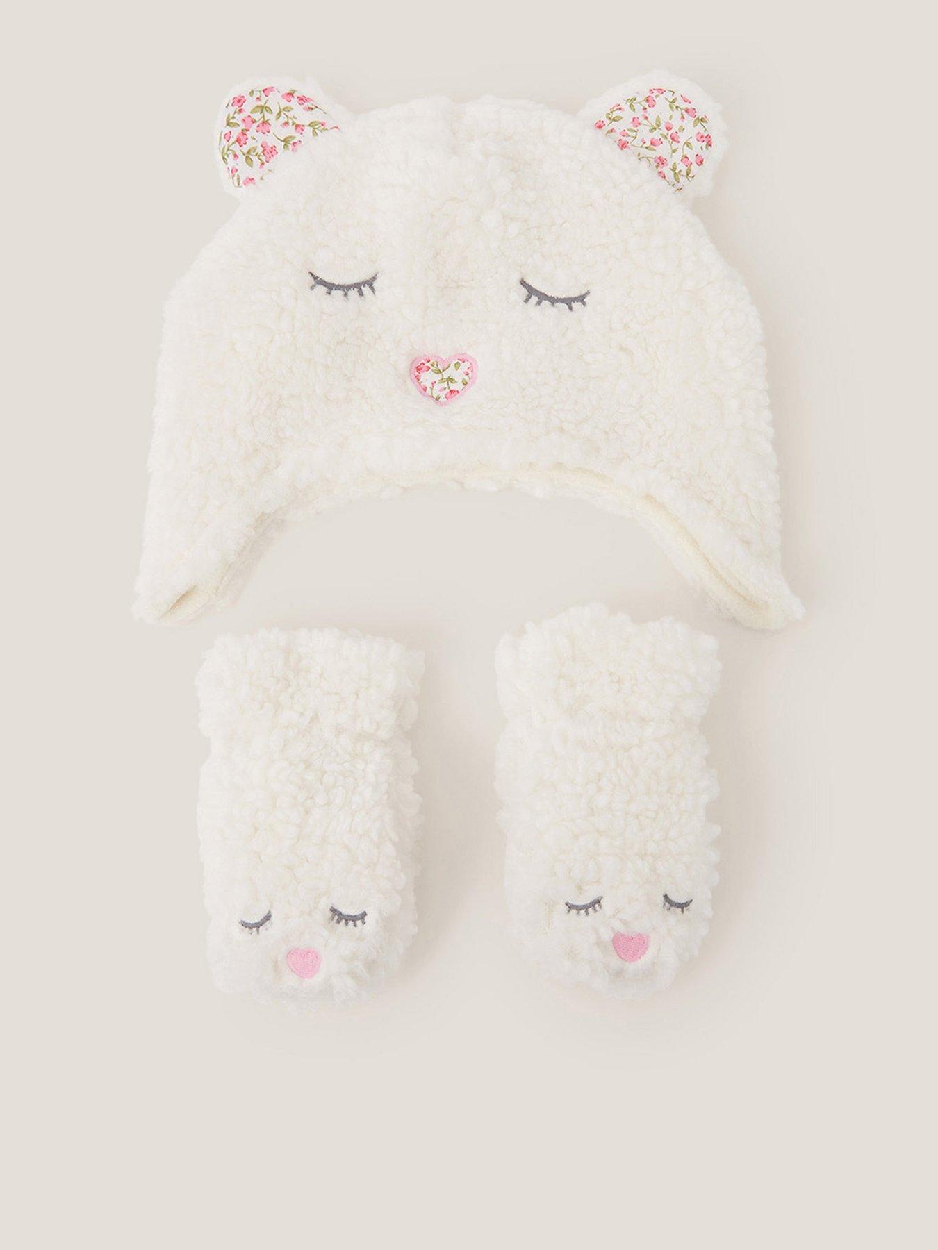 Monsoon Baby Girls Borg Bear Hat And Mittens - Light Cream