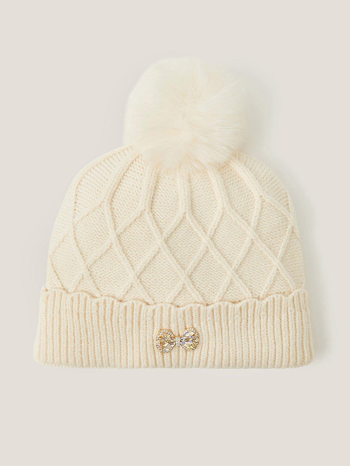 Monsoon Girls Criss Cross Pom Hat - Light Cream