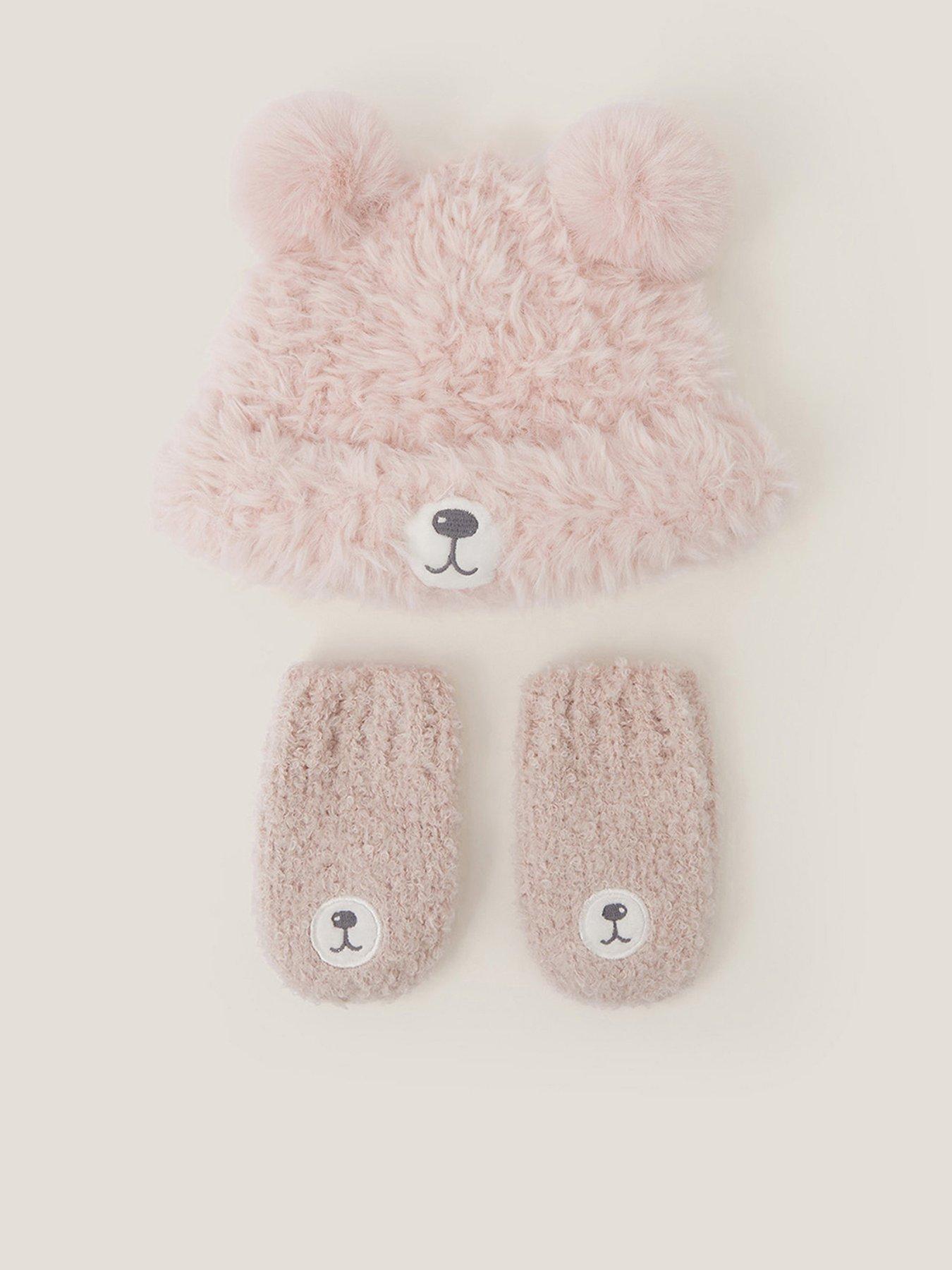 Monsoon Baby Girls Bear Hat And Mittens - Pink