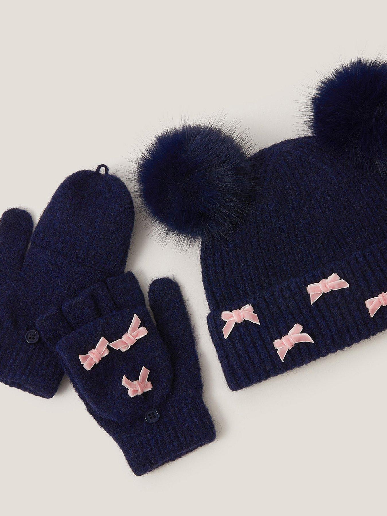Monsoon Girls Multi Bow Hat And Glove Set Navy Very
