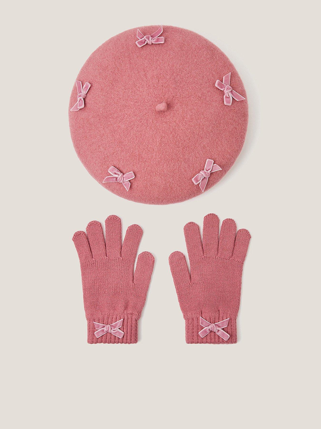 Monsoon Girls Bow Beret And Glove Set - Pink