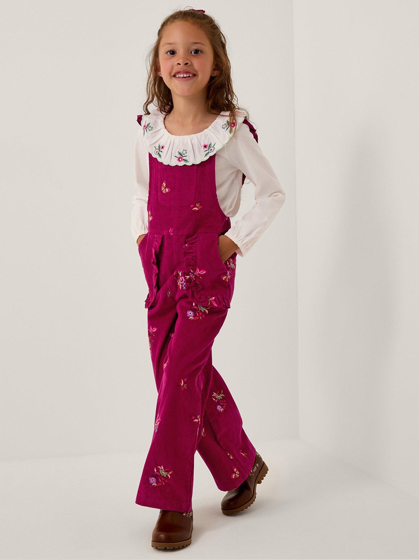 undefined Girls Cord All Over Embroidered Dungarees - Dark Red