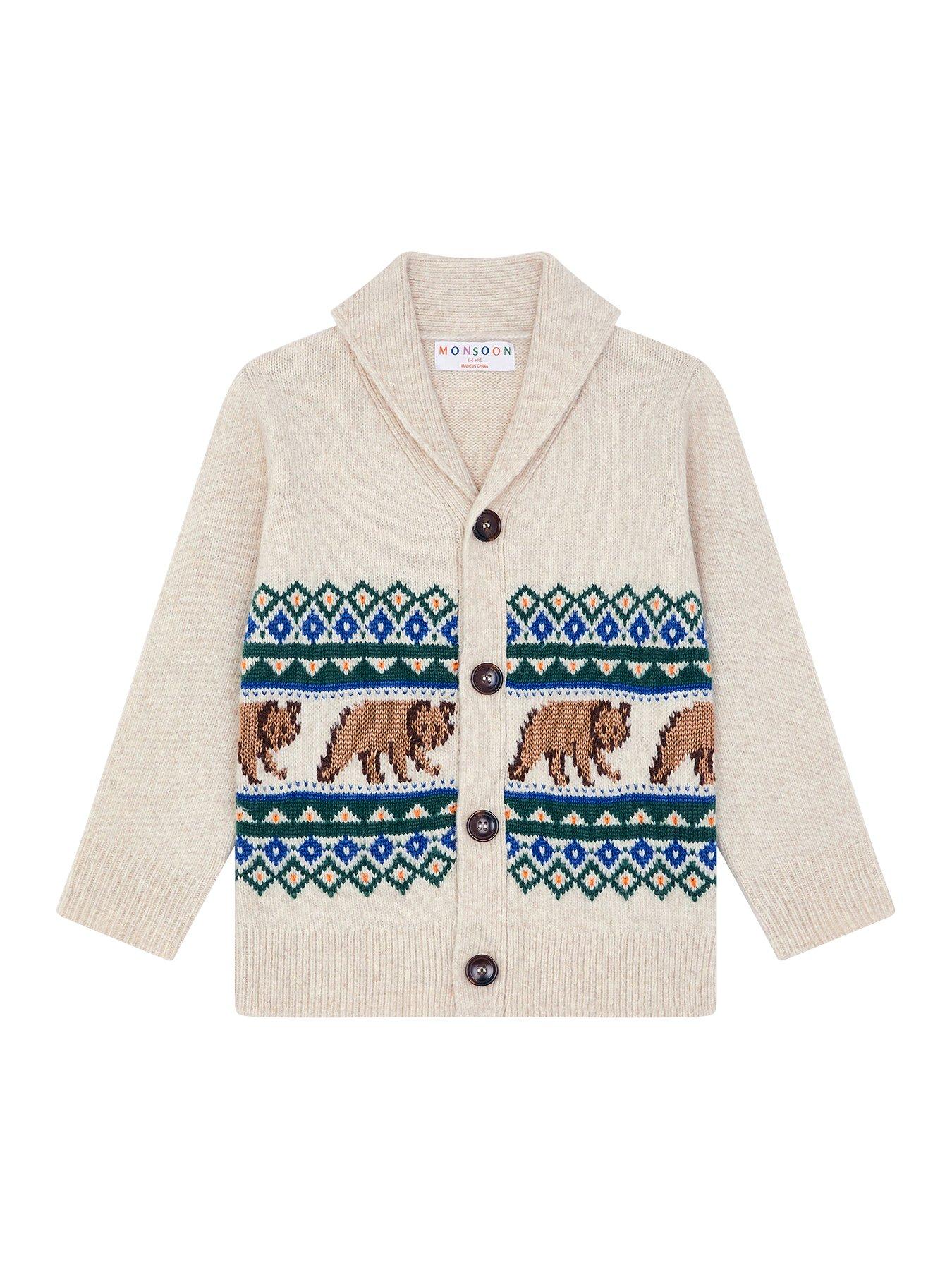 Monsoon Boys Fair Isle Bear Cardigan - Light Cream